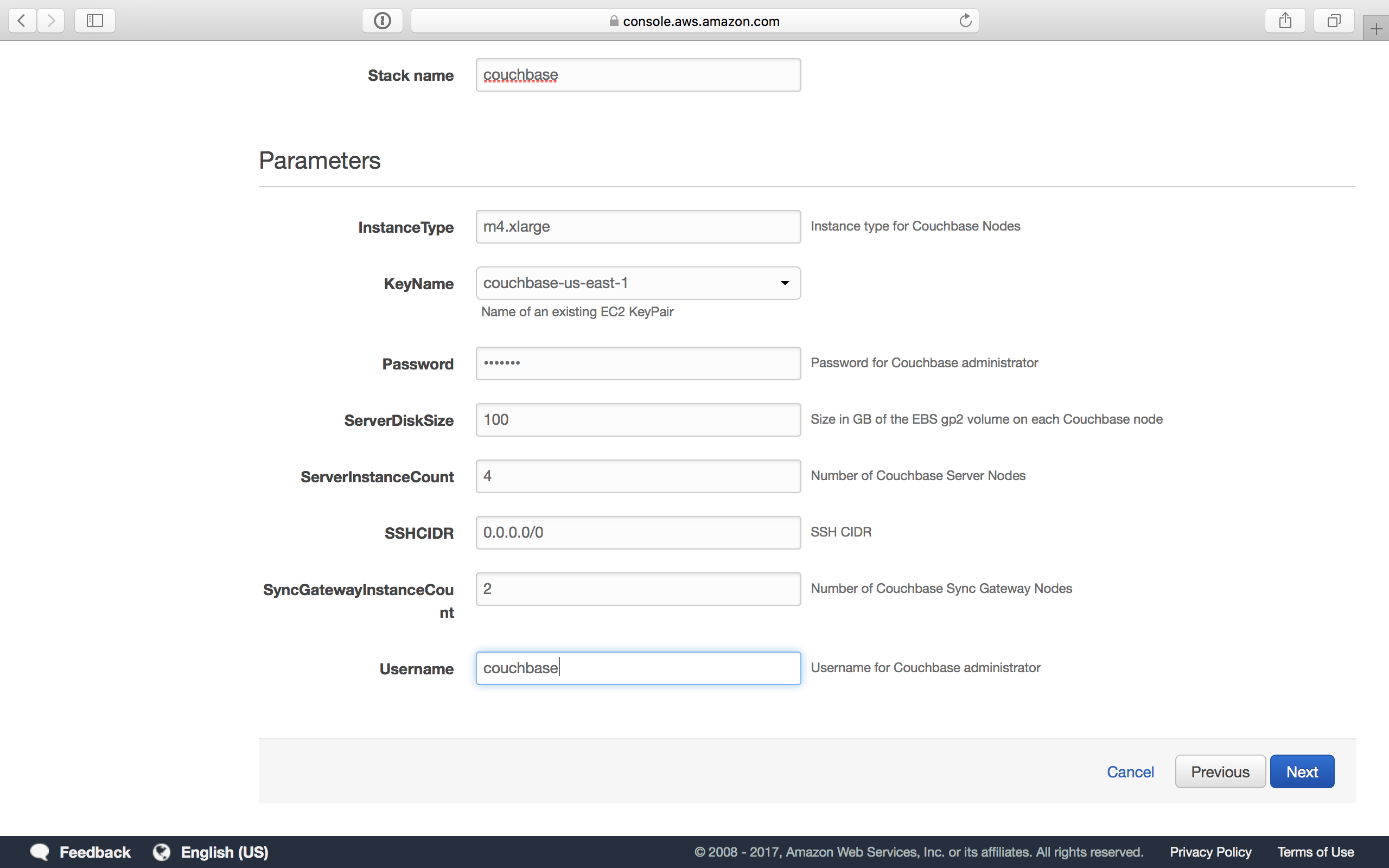 aws marketplace couchbase ee create stack parameters