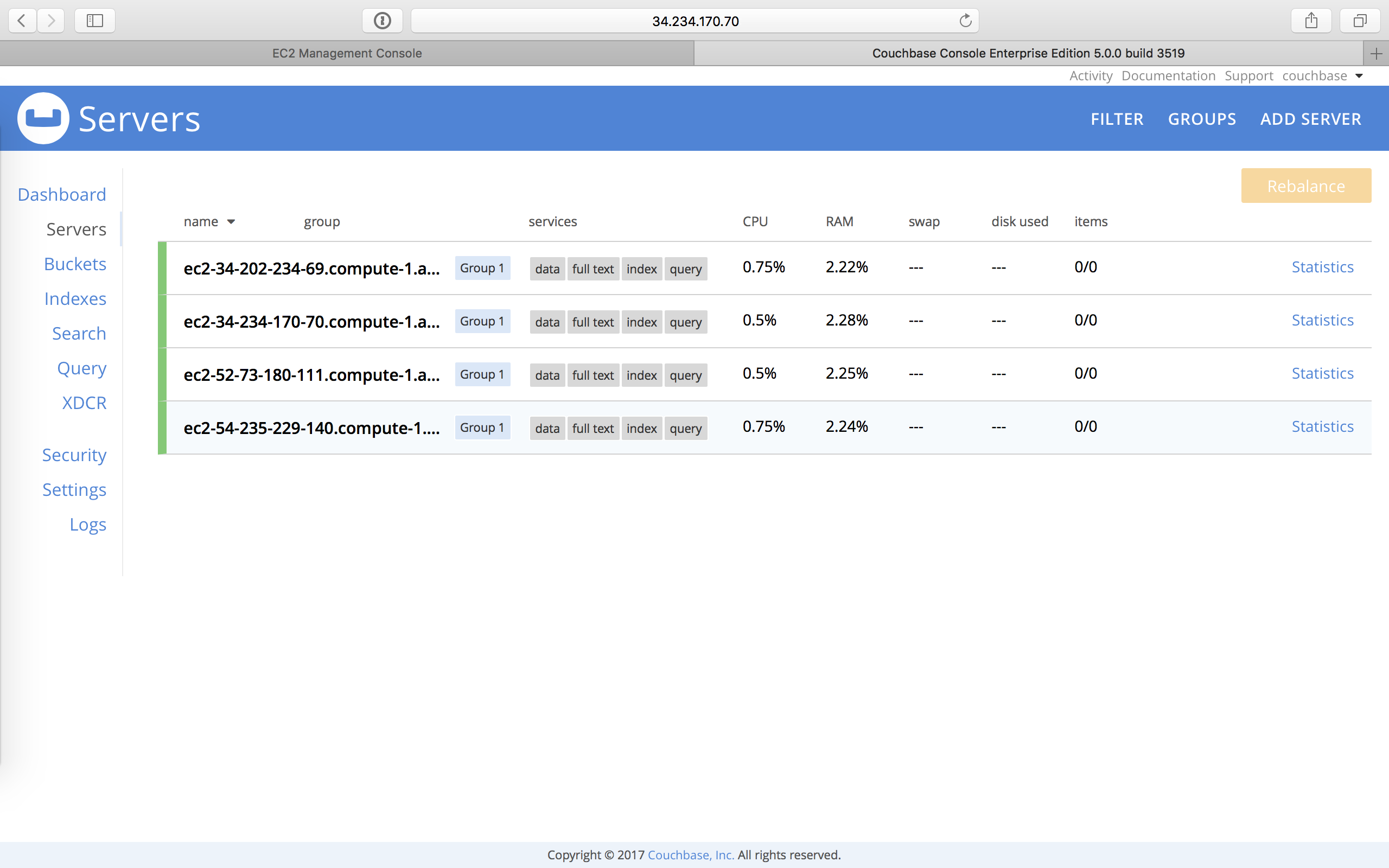 aws couchbase web console servers