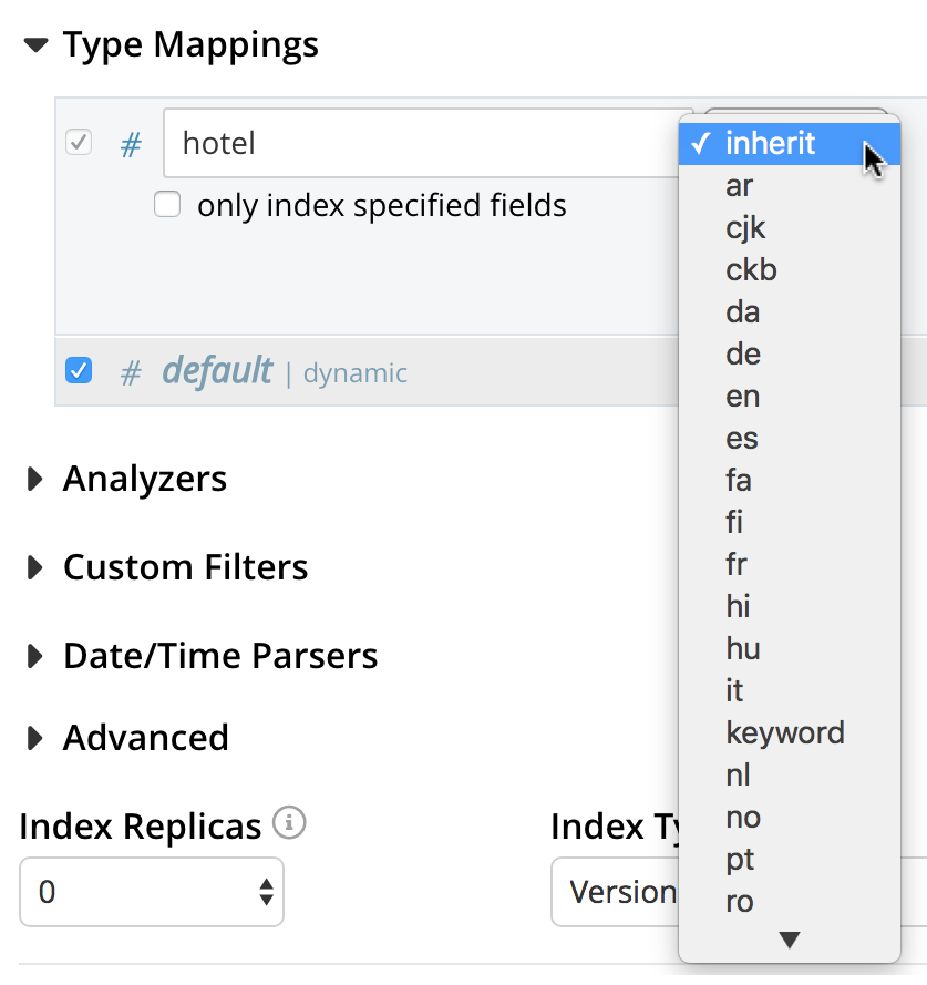 fts type mappings ui analyzers menu