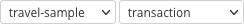 The query context drop-down menu, with 'travel-sample.transaction' selected