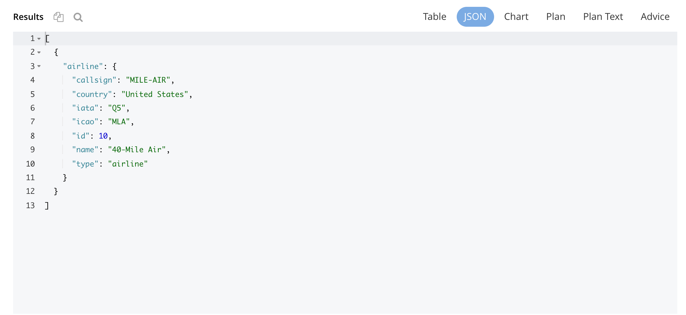 Query results in JSON format