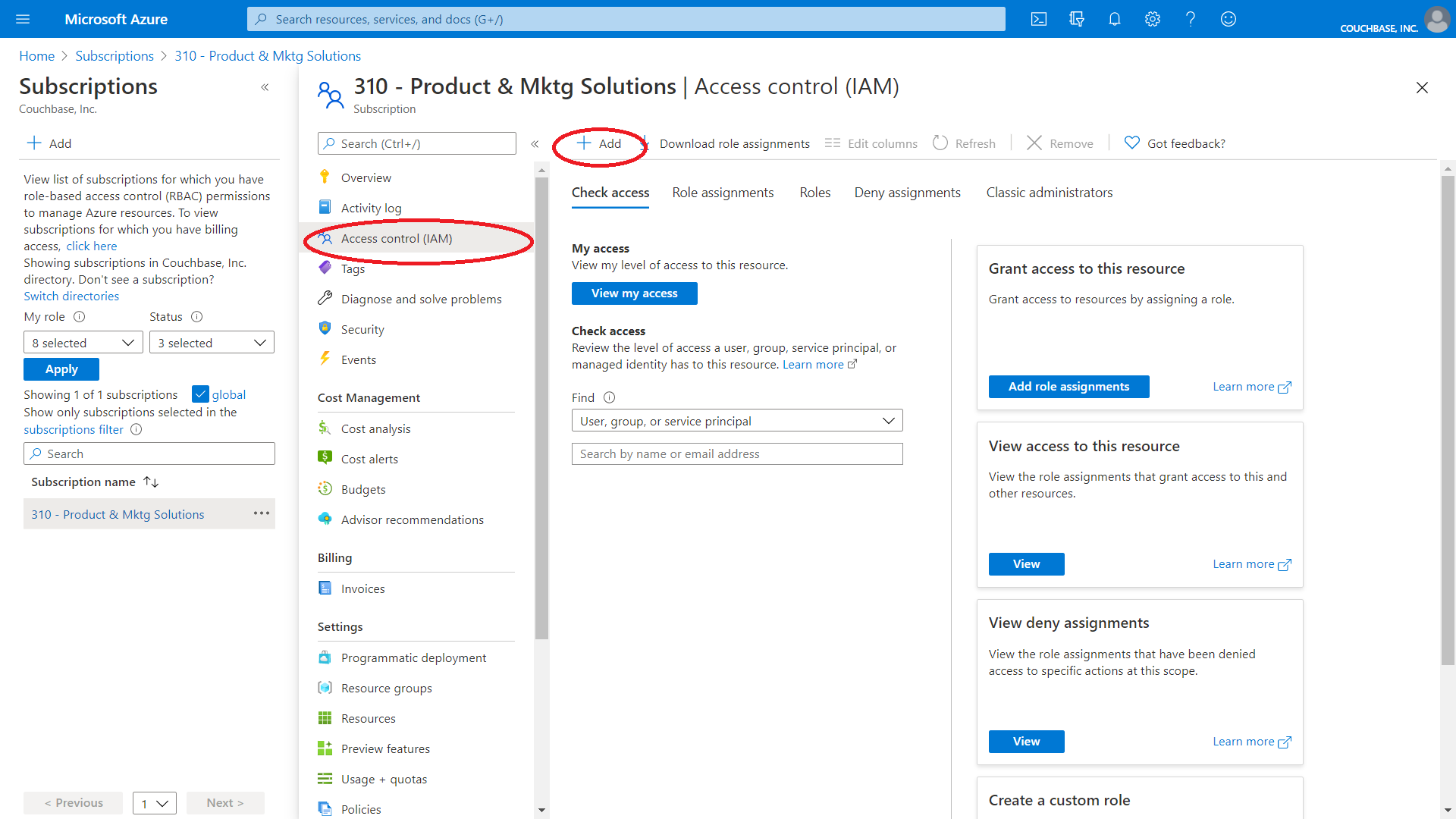 Select “Access Control (IAM)" in the left navigation and click “Add”