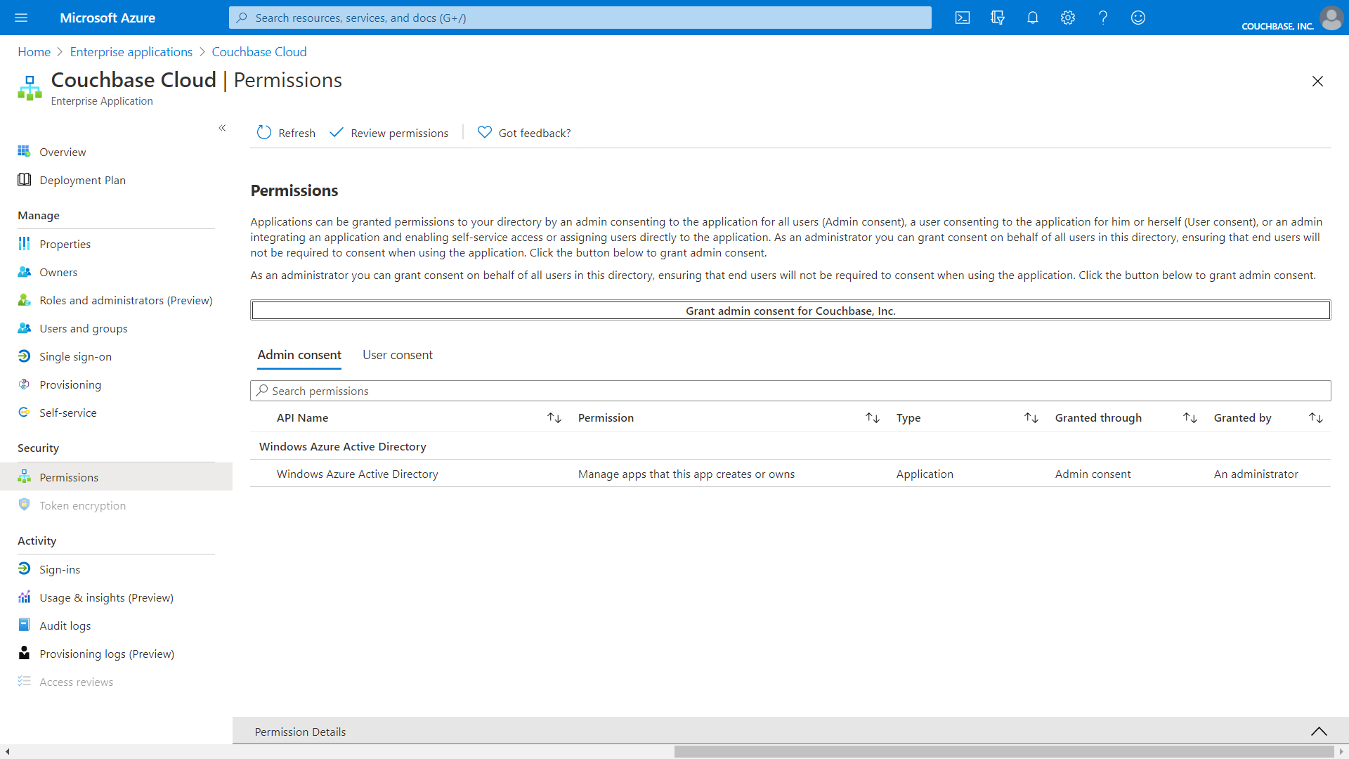 The permissions for the Couchbase Capella Enterprise Application are displayed.