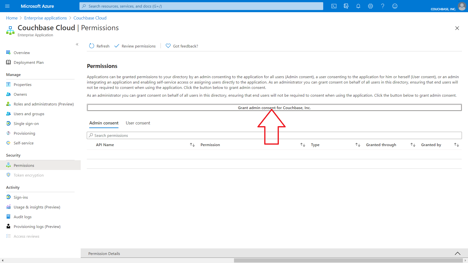 Click the button "Grant Admin Consent for Couchbase