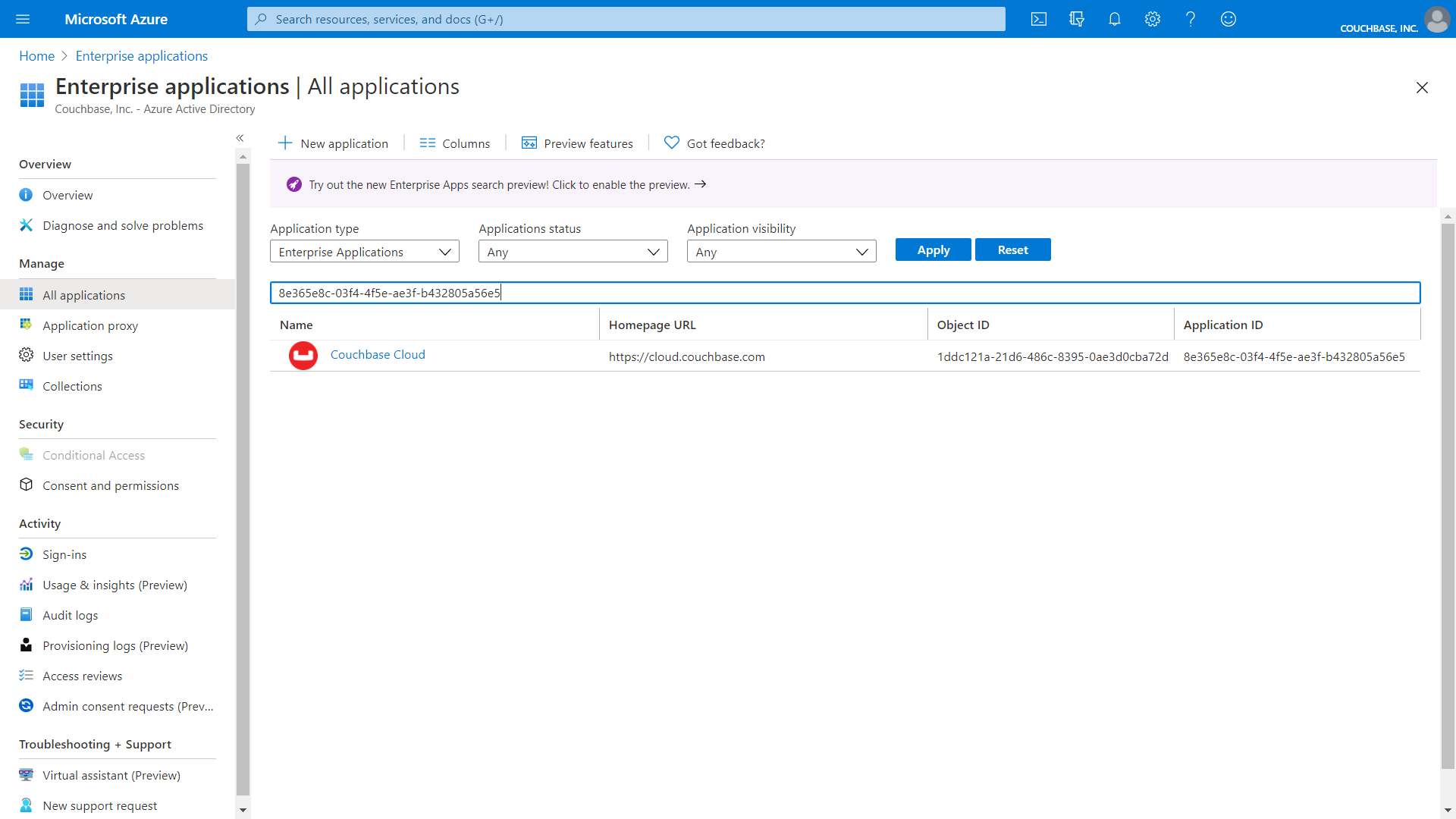 The Couchbase Capella Enterprise Application is listed