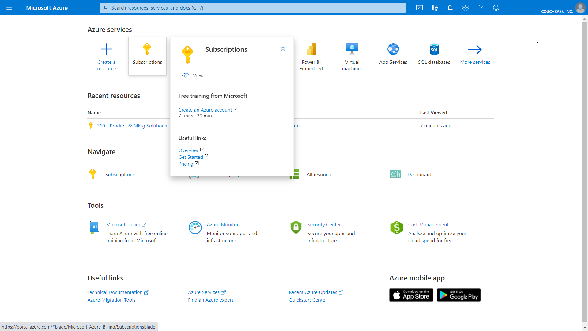 Select subscriptions on the Home dashboard