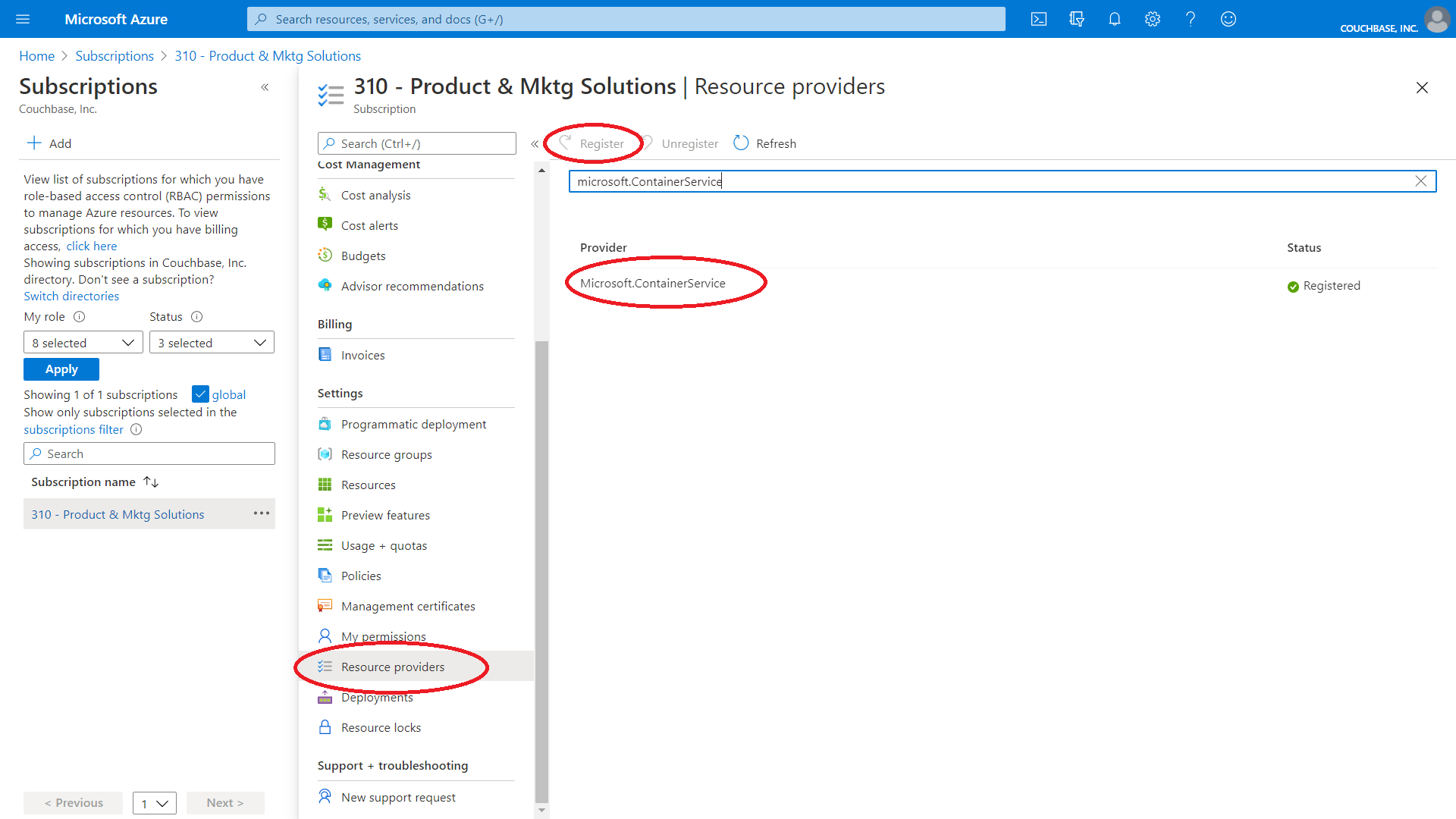 Select the Microsoft.ContainerService from the list of resource providers and click "Register".
