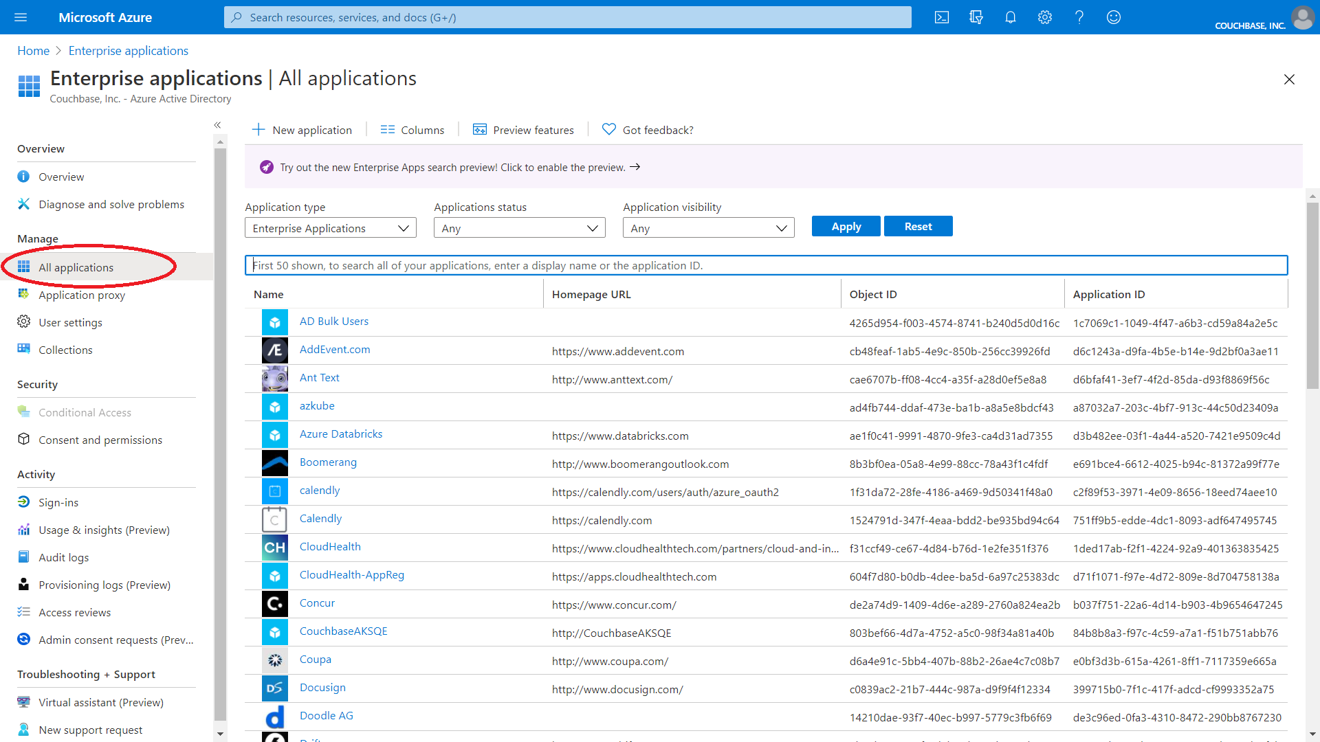 The Enterprise Applications are listed