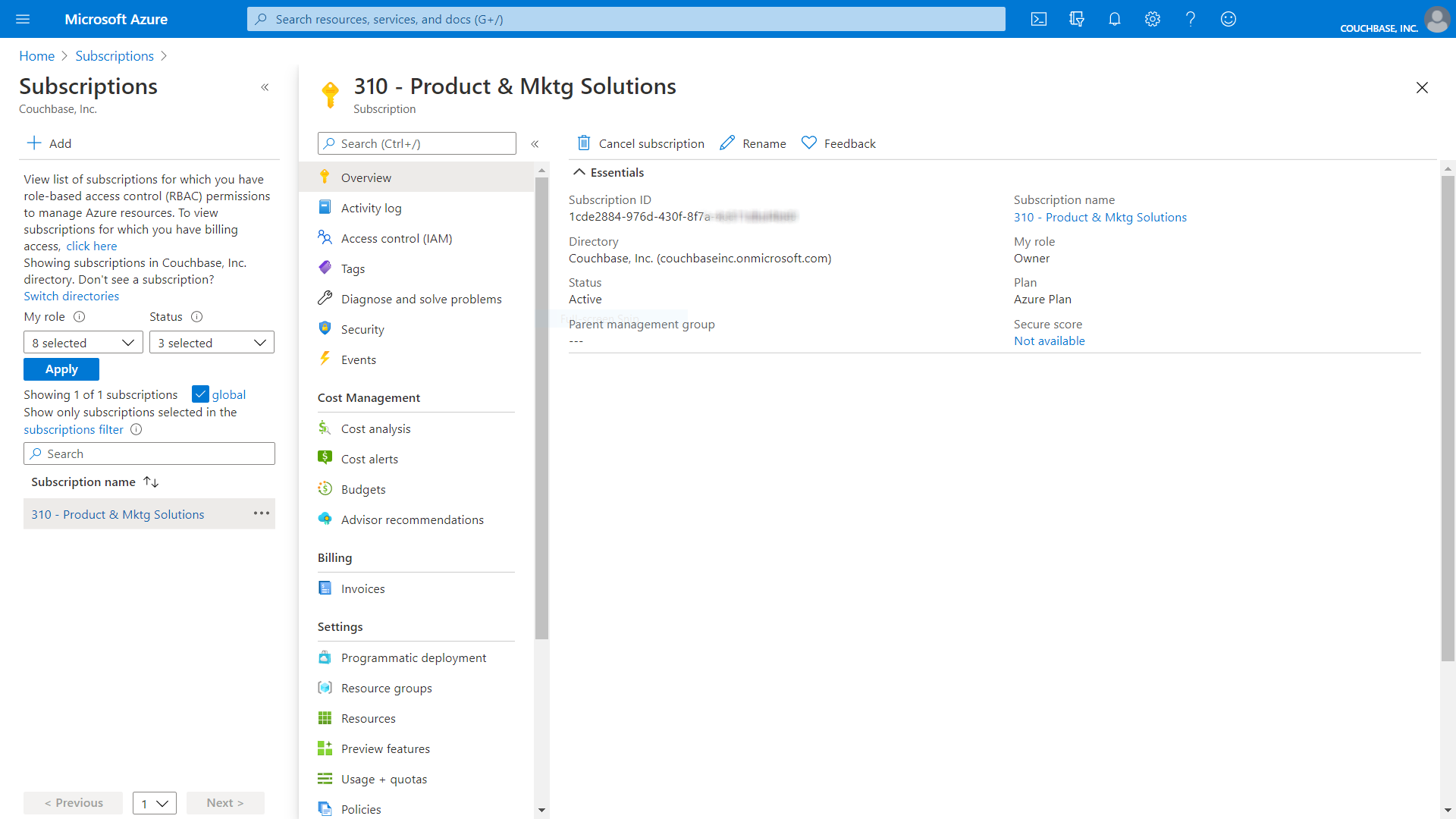The properties for your subscription are displayed