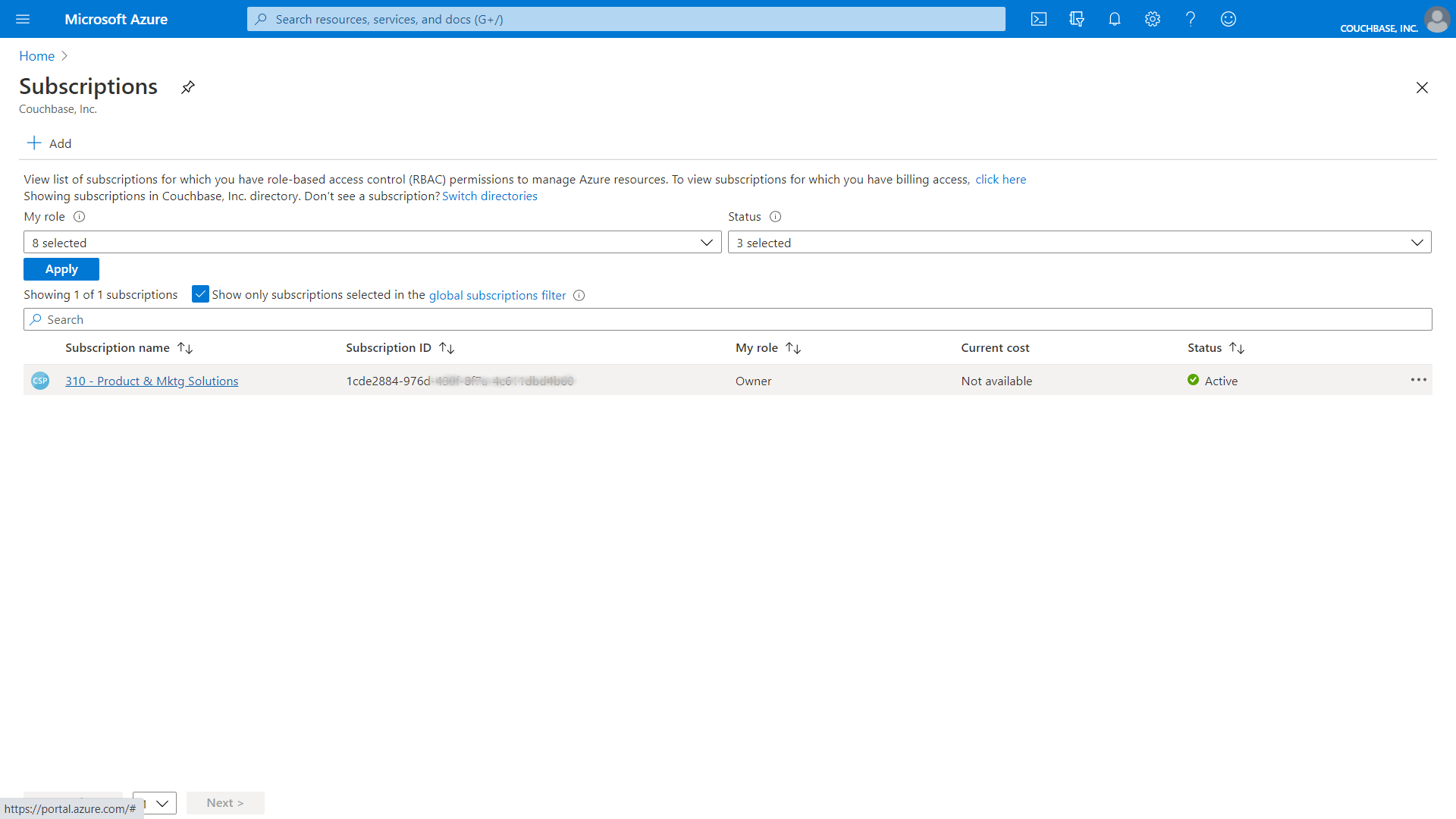 Select the subscription you want to use with Couchbase Capella