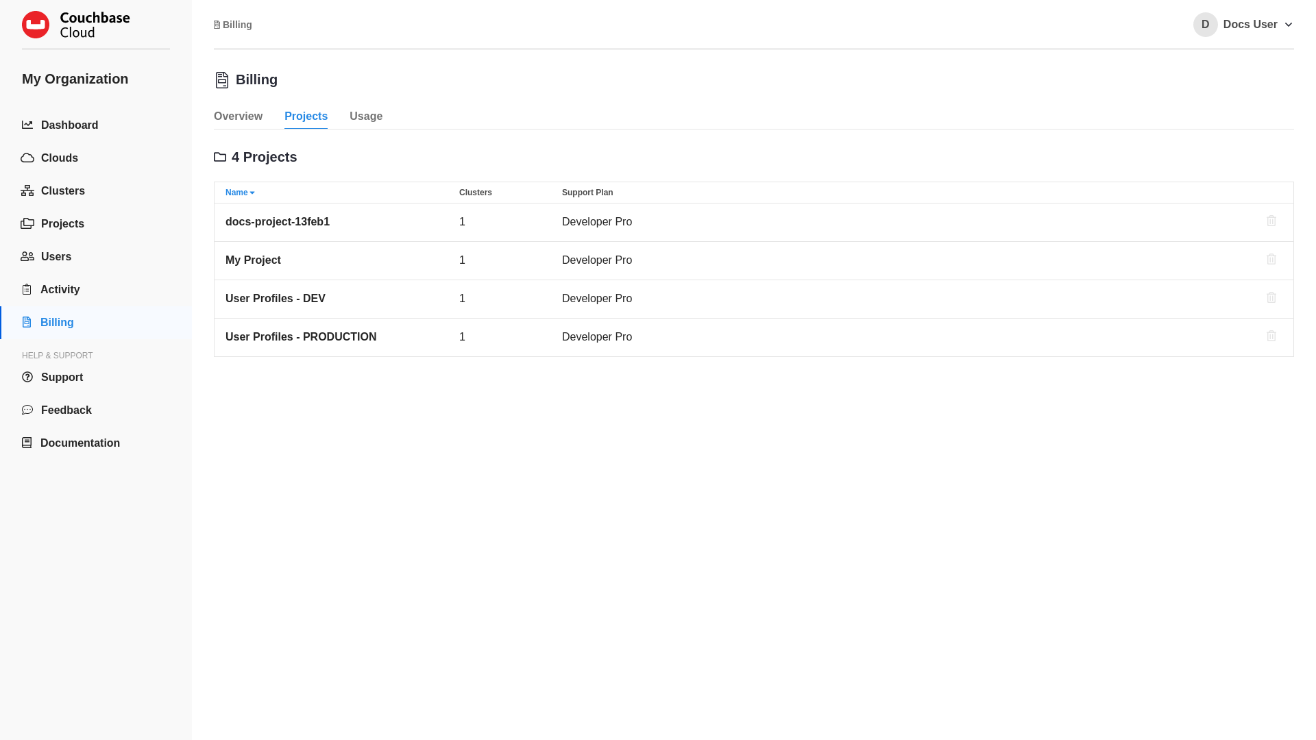 The Billing 'Projects' tab.