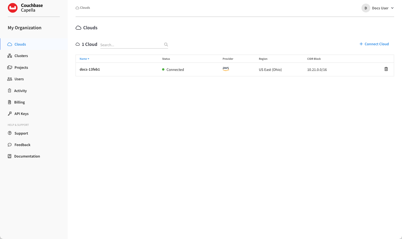 The 'Clouds' tab showing a table of multiple clouds, each with different statuses, providers, regions, and CIDR blocks.