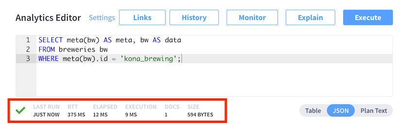 The executed query with its metrics highlighted.