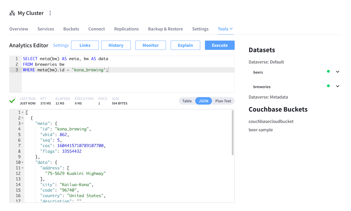The cluster’s Analytics Workbench screen showing an executed query and its results.