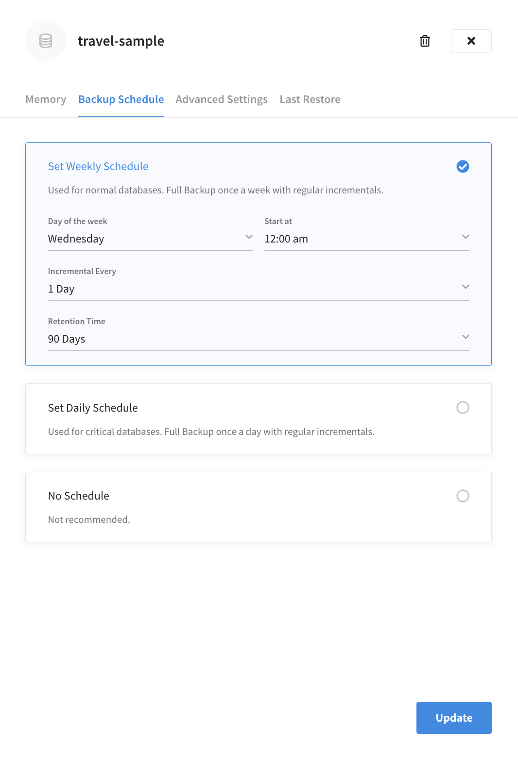 The 'Autosave Schedule' fly-out menu showing the default configuration values that are set for every new cluster.