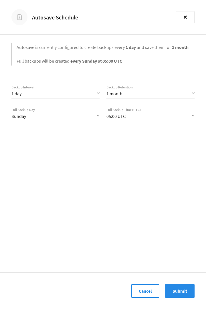 The 'Autosave Schedule' fly-out menu showing the default configuration values that are set for every new cluster.