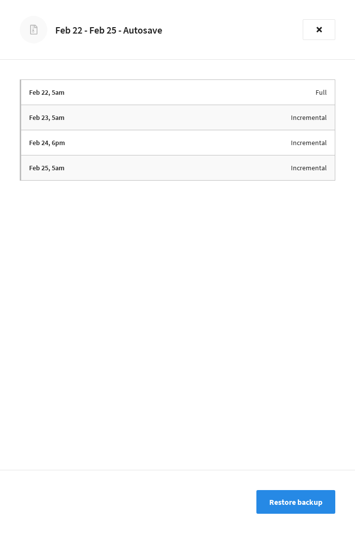 The inspect fly-out menu of a Series backup, showing details about a Full backup at the top, with multiple Incremental backups listed below it.