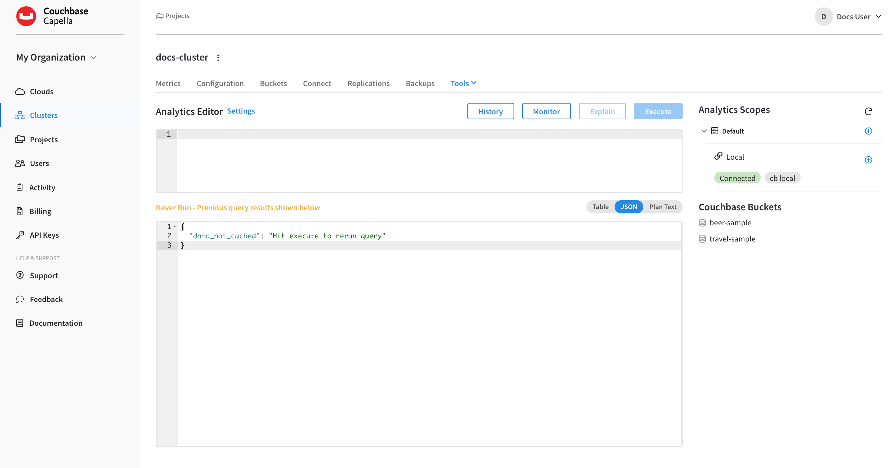 The cluster’s 'Tools > Analytics Workbench' tab.