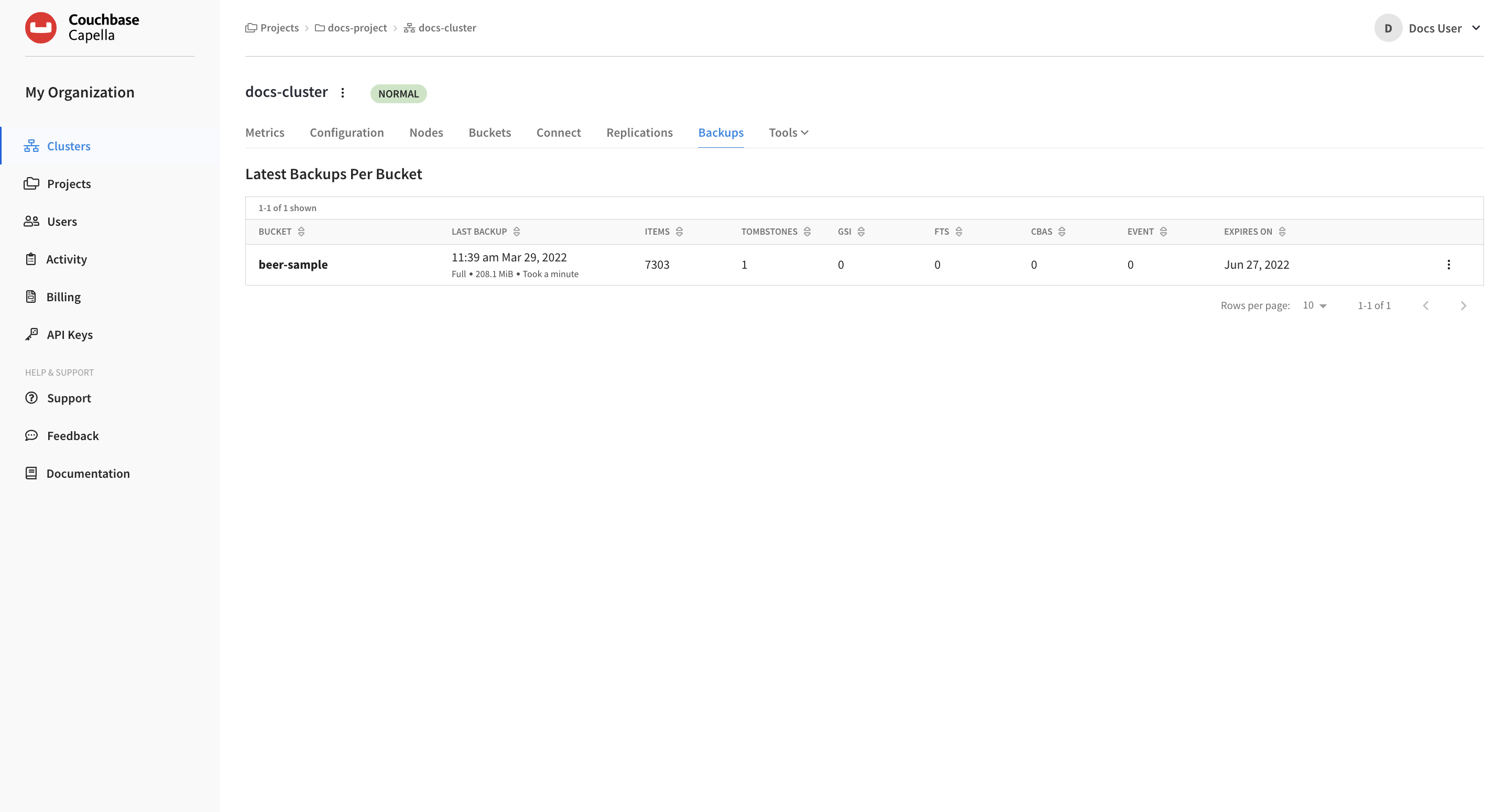 The cluster’s 'Backups' tab.