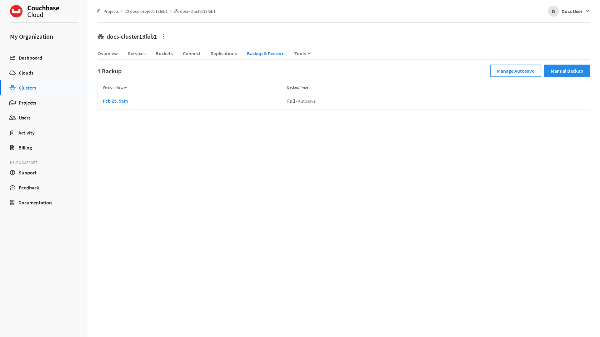 The cluster’s 'Backup & Restore' tab.