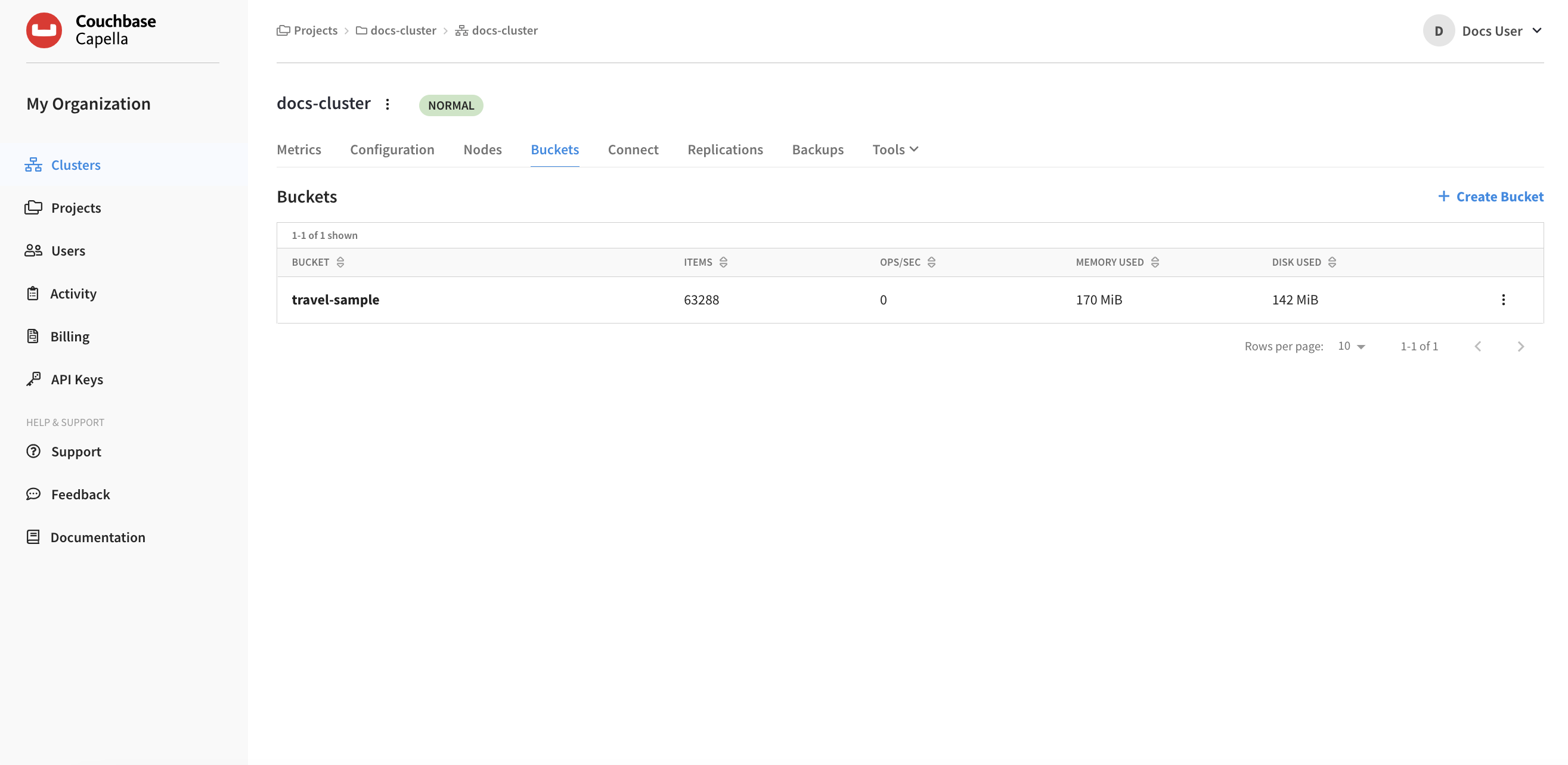 A cluster’s 'Buckets' tab showing a table of multiple buckets.
