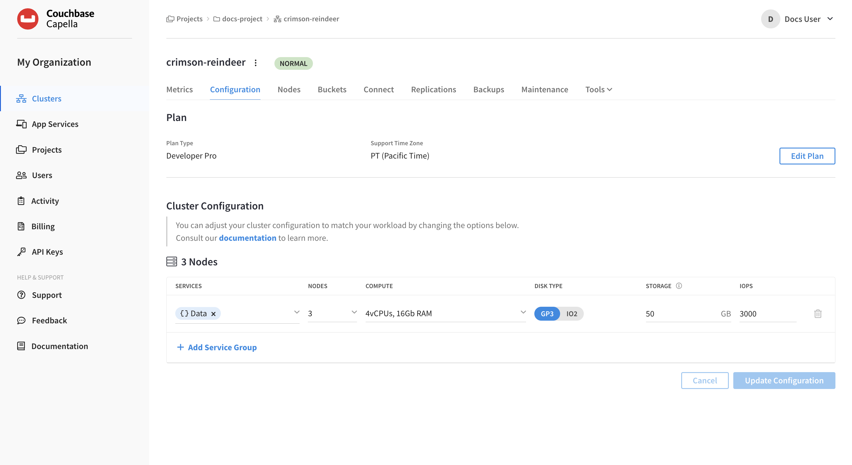 A cluster’s Configuration page.