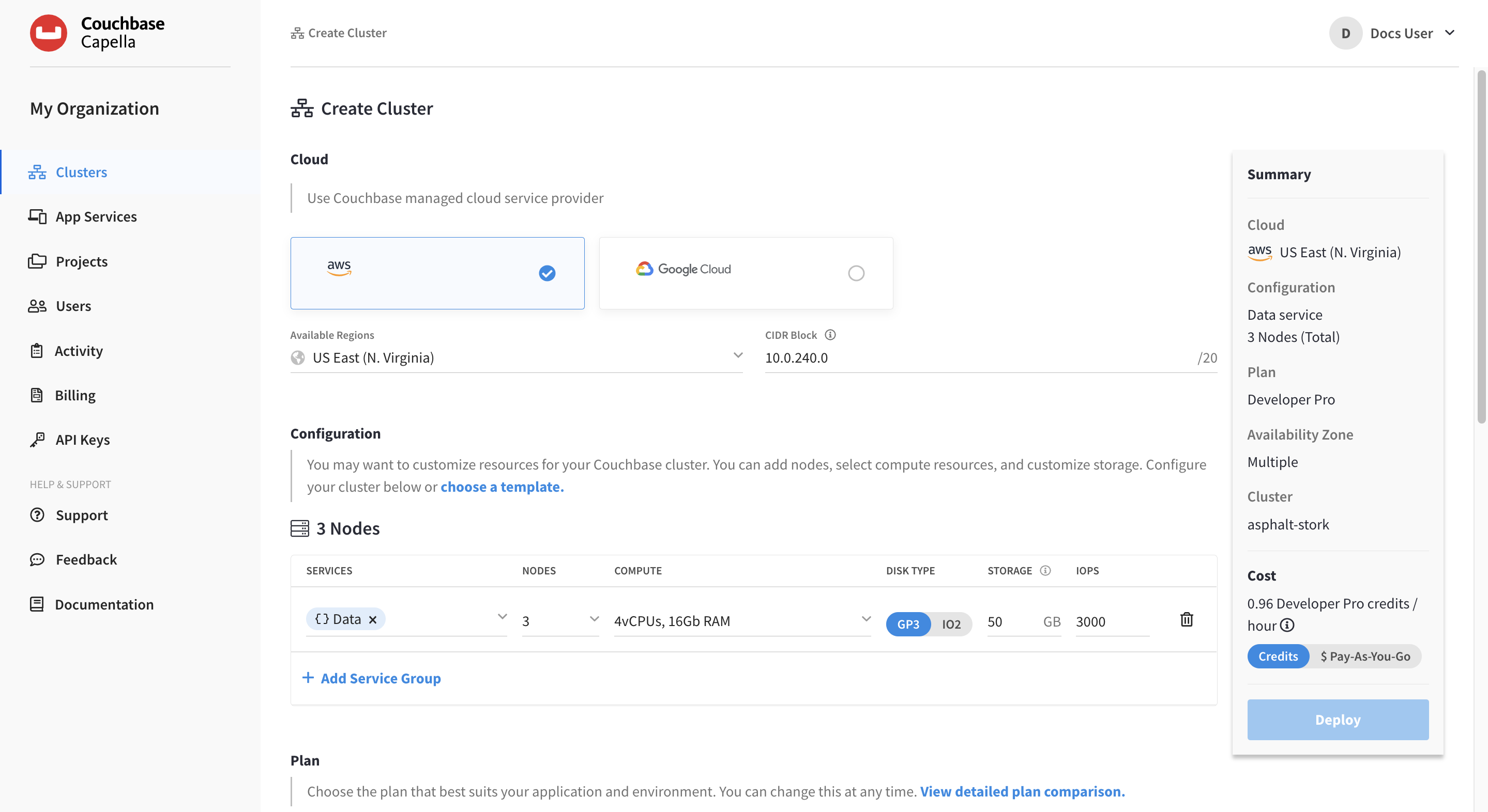 A view of the Create Cluster page.