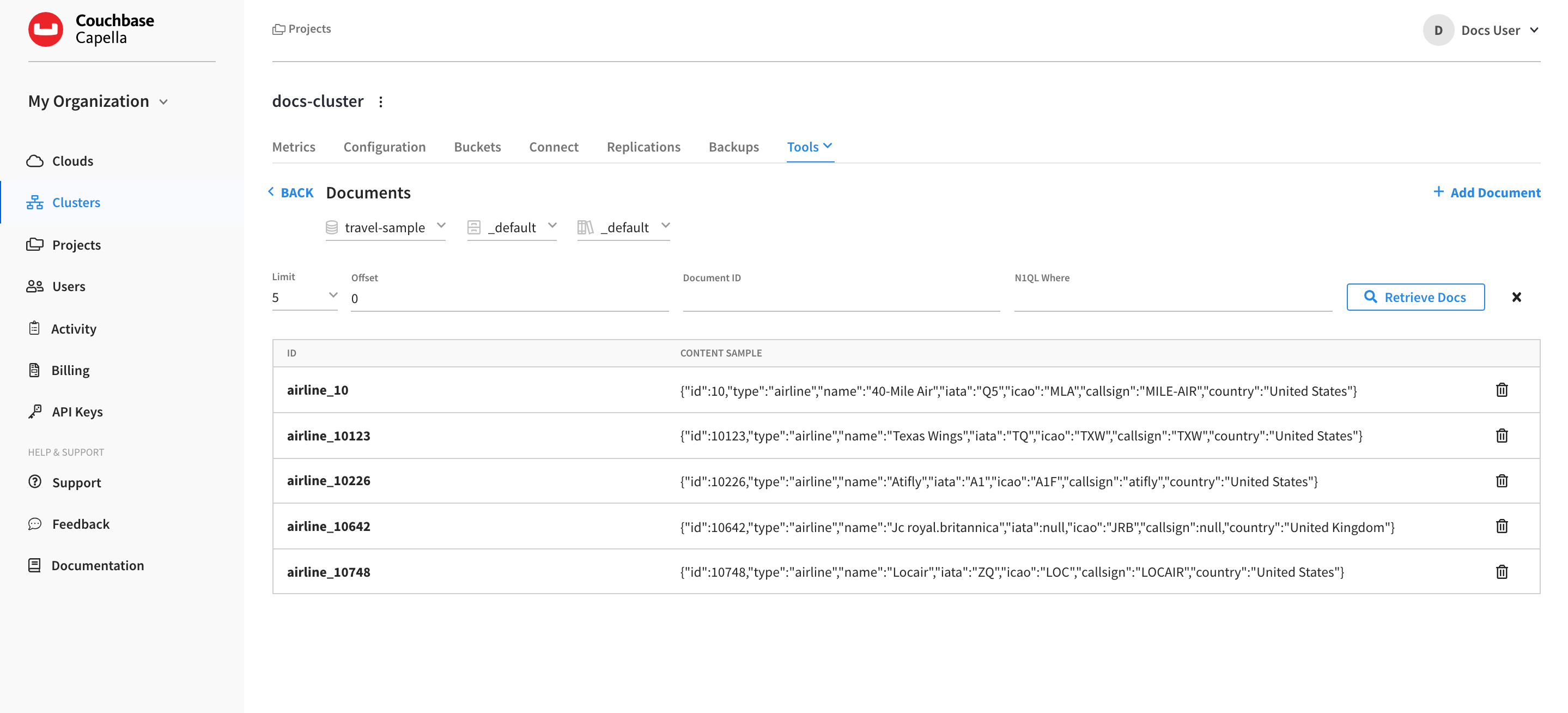 A cluster’s 'Tools > Documents' tab, showing a table of document results from the 'beer-sample' bucket.