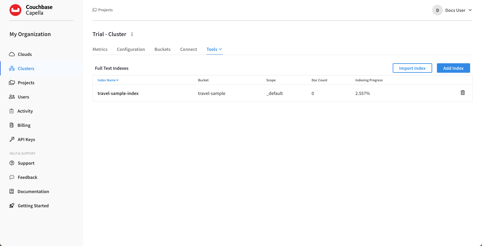 The cluster’s 'Tools > Full Text Search' tab.