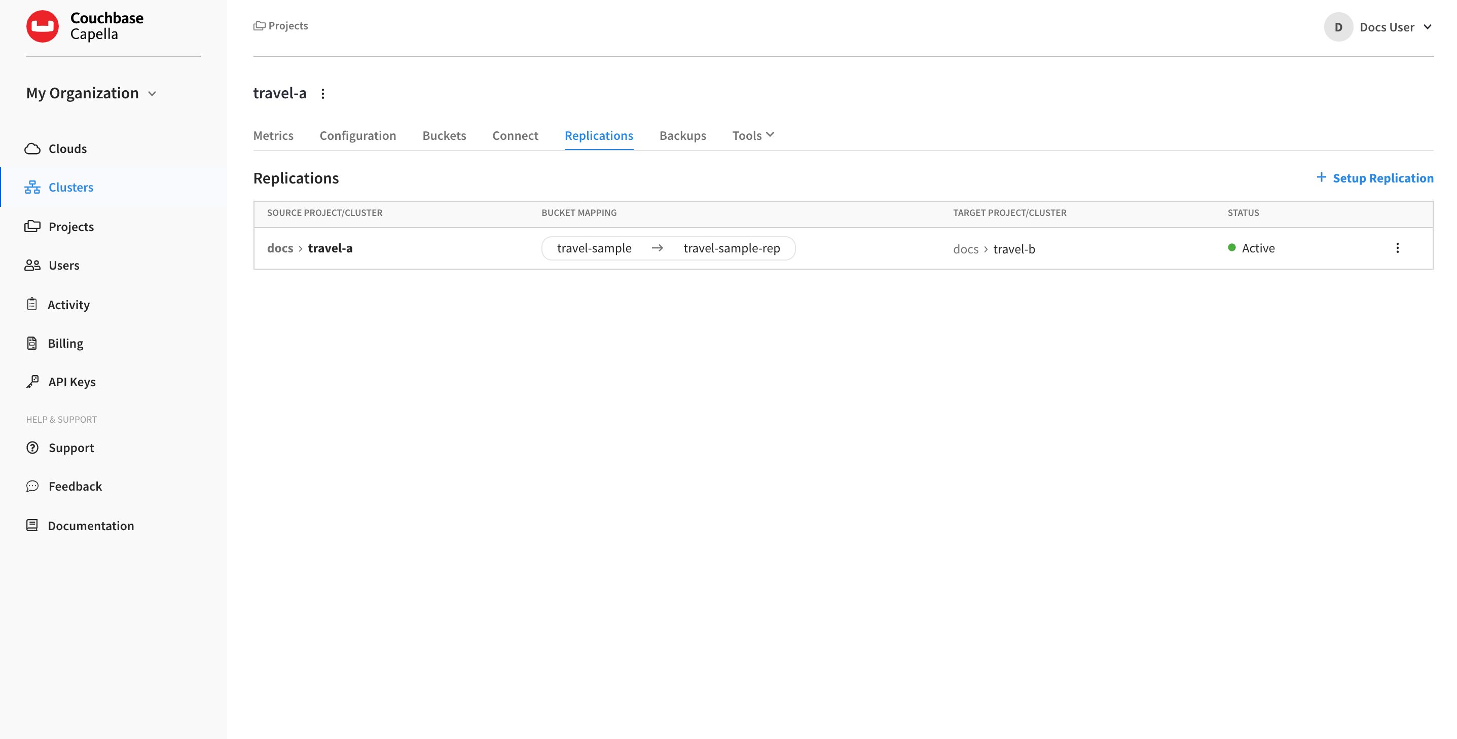 A cluster’s 'Replications' tab showing a table of multiple replications.