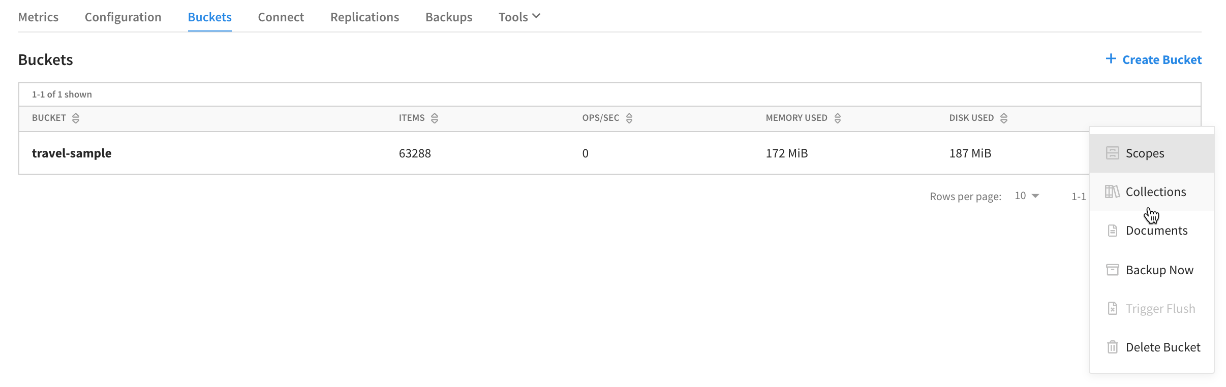 A cluster’s 'Buckets' tab showing a table of multiple buckets with the Collections menu option shown.