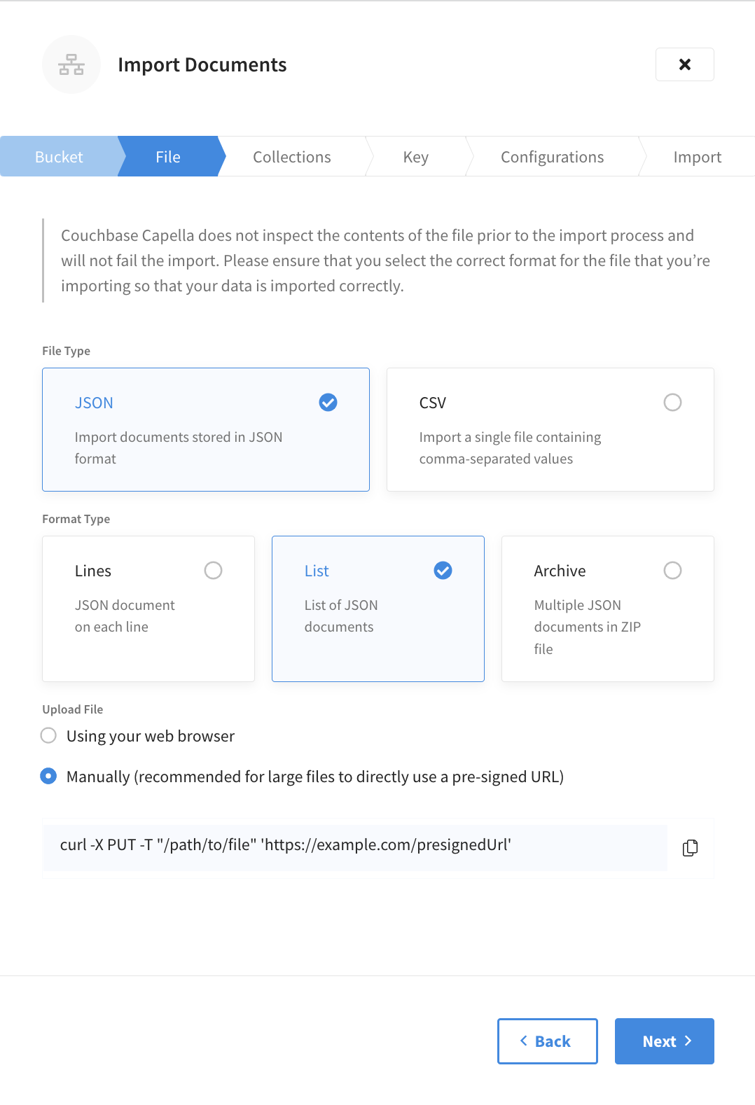 Choose JSON or CSV, then specify the file’s location.