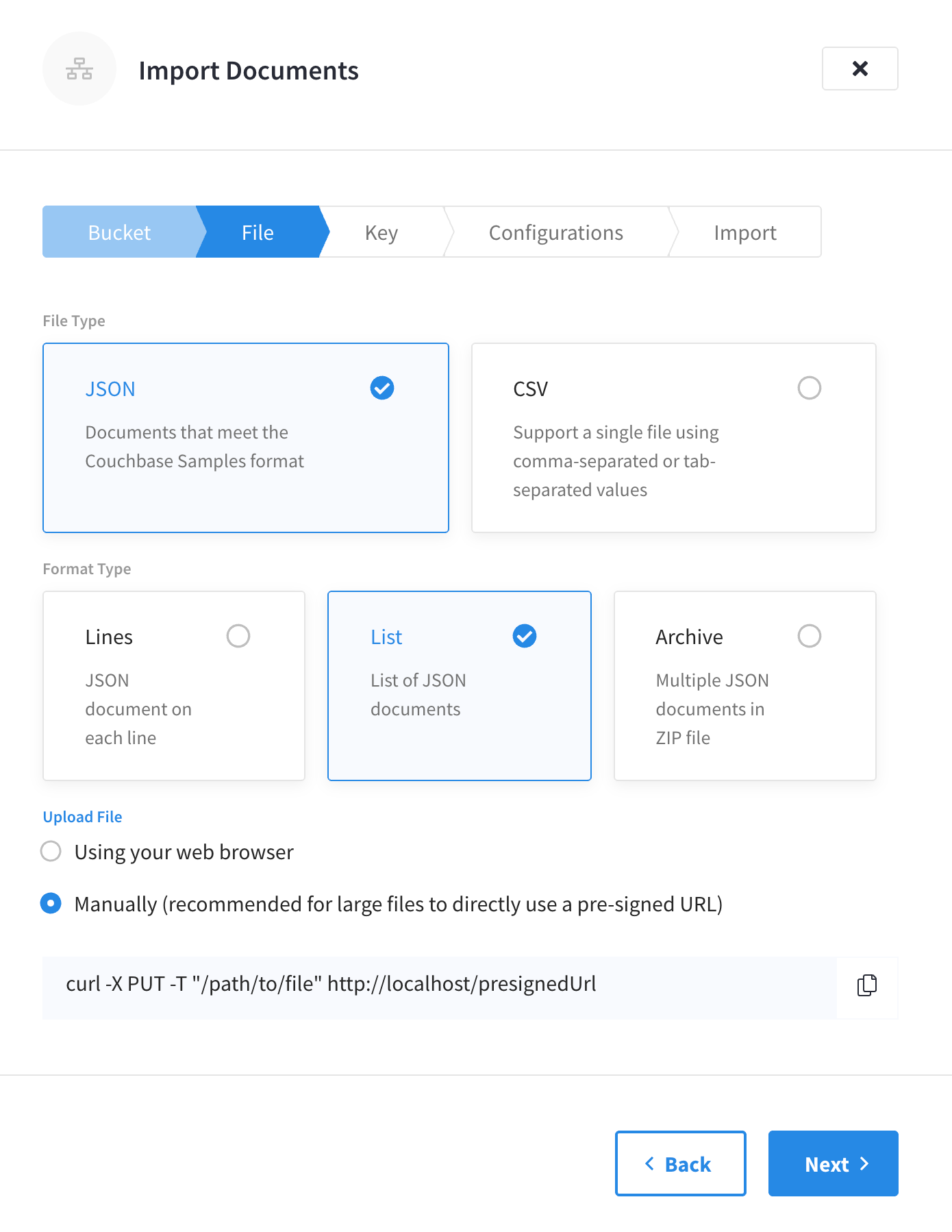 Choose JSON or CSV, then specify the file’s location.