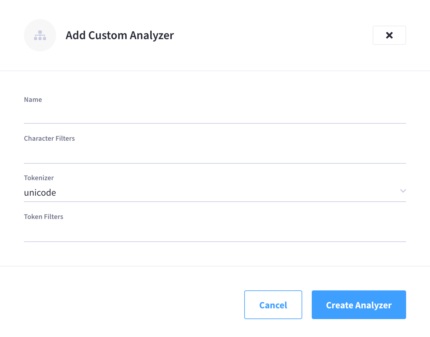 The 'Add Custom Analyzer' fly-out menu.