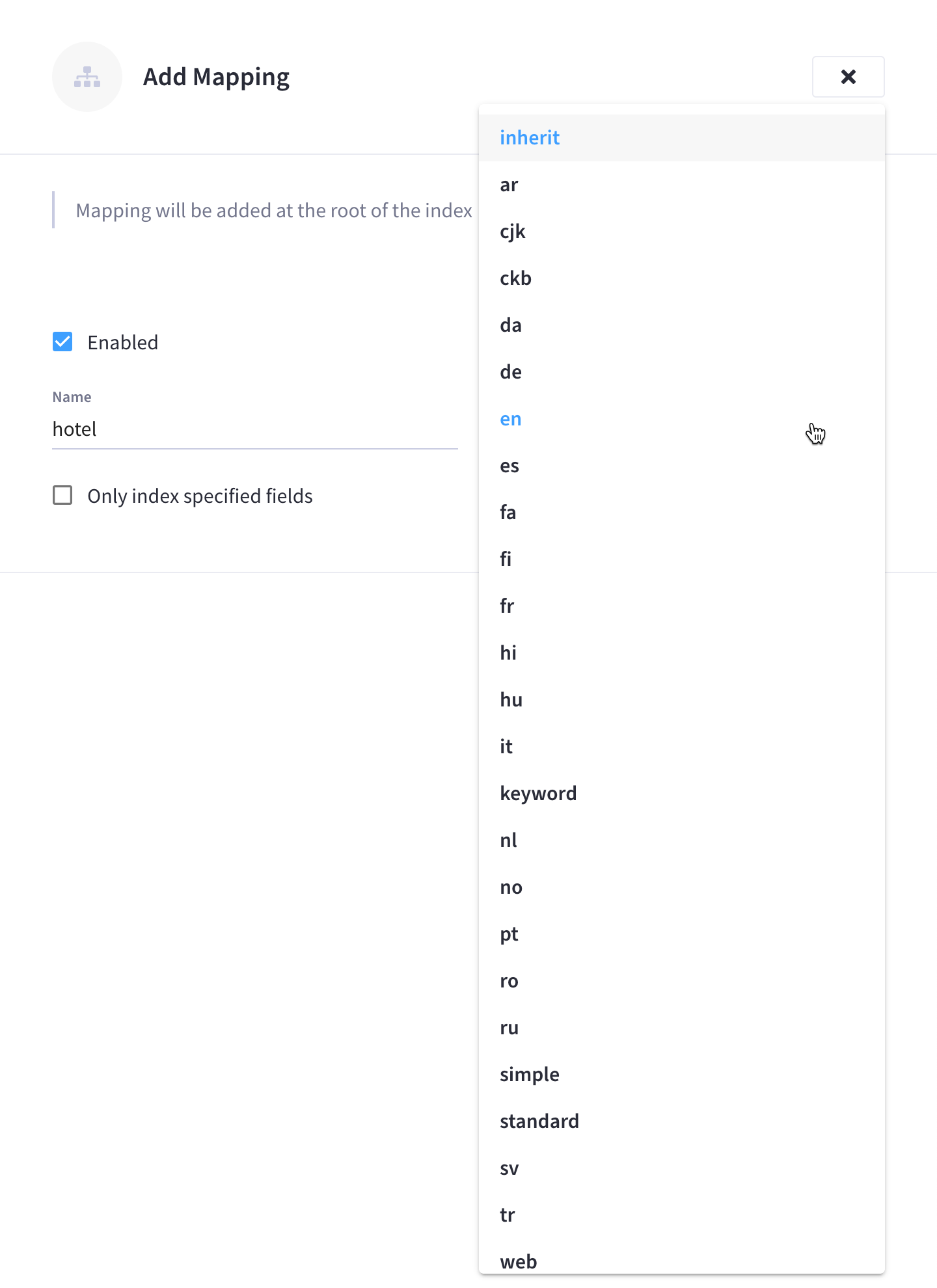The 'Add Mapping' fly-out menu showing the expanded 'Default Analyzer' dropdown menu.