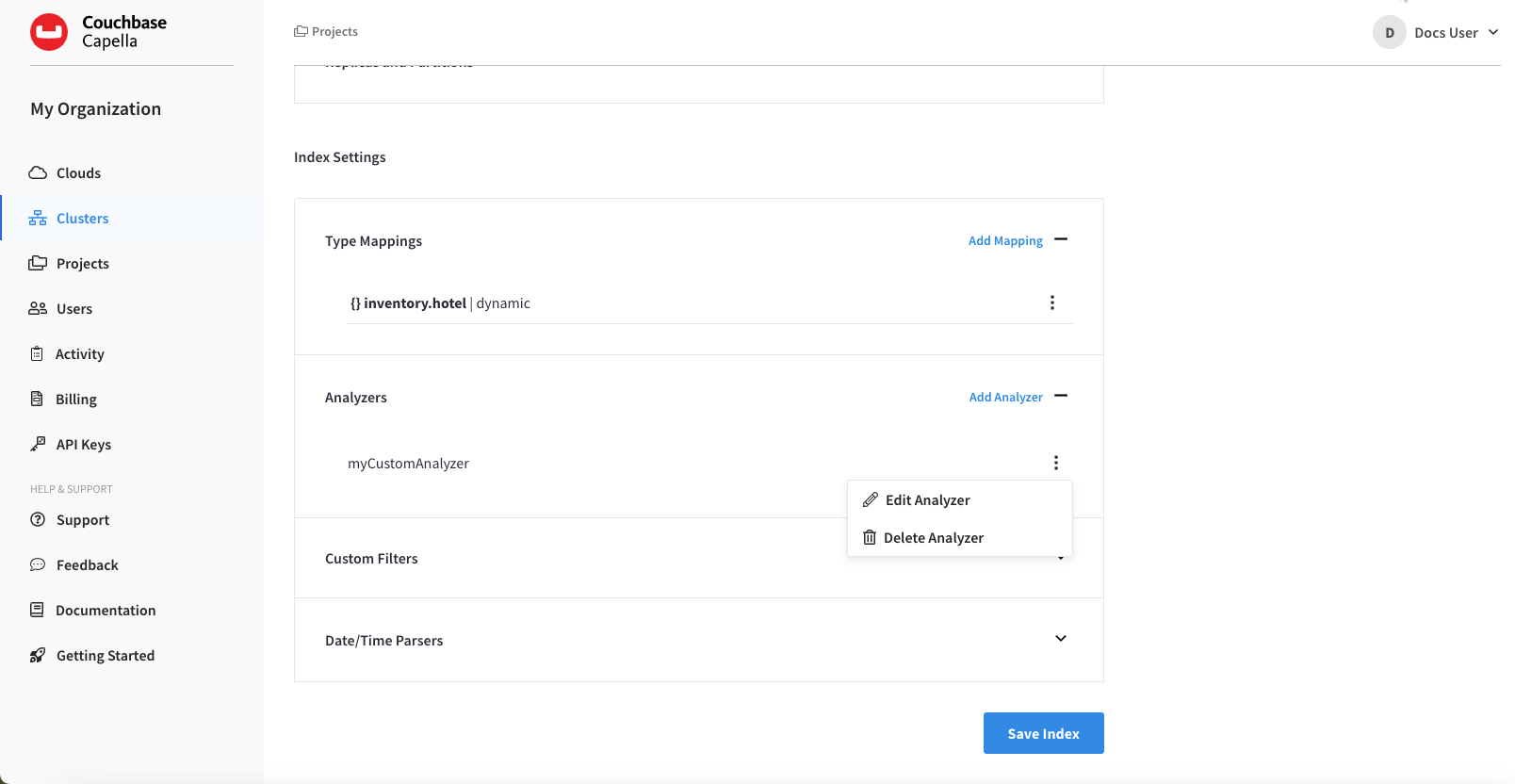 The dropdown menu that appears after clicking the associated vertical ellipses of a particular analyzer.