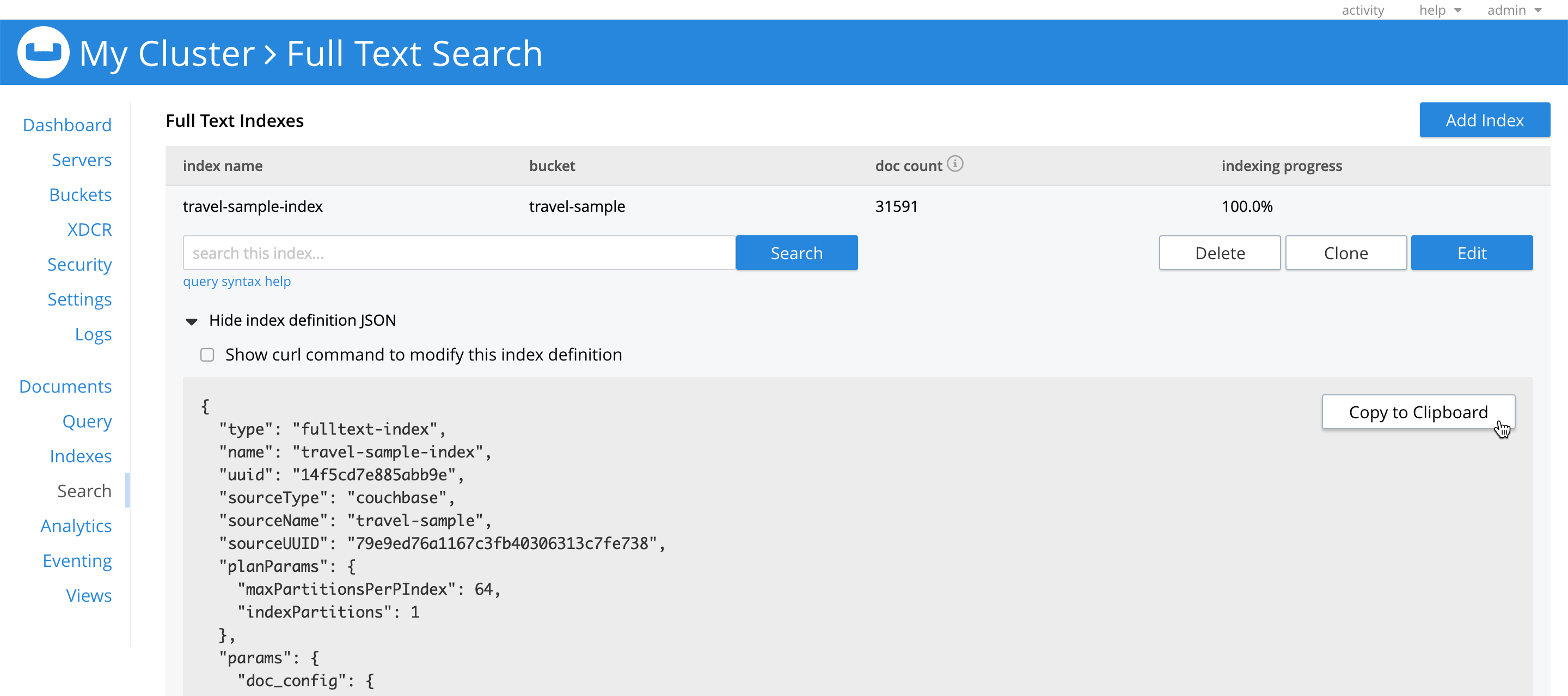The 'Search' tab of the Couchbase Web Console, showing an index with the 'Show index definition JSON' panel expanded.