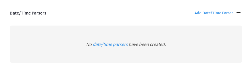 The 'Date/Time Parsers' panel showing no existing date/time parsers.
