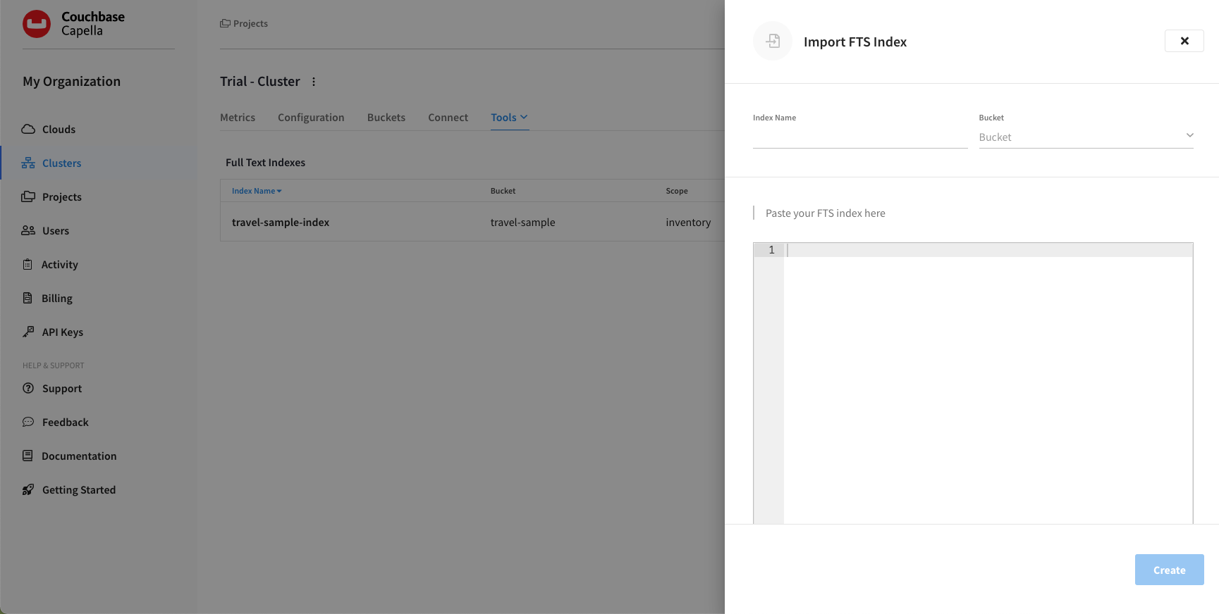 The 'Import FTS Index' fly-out menu.