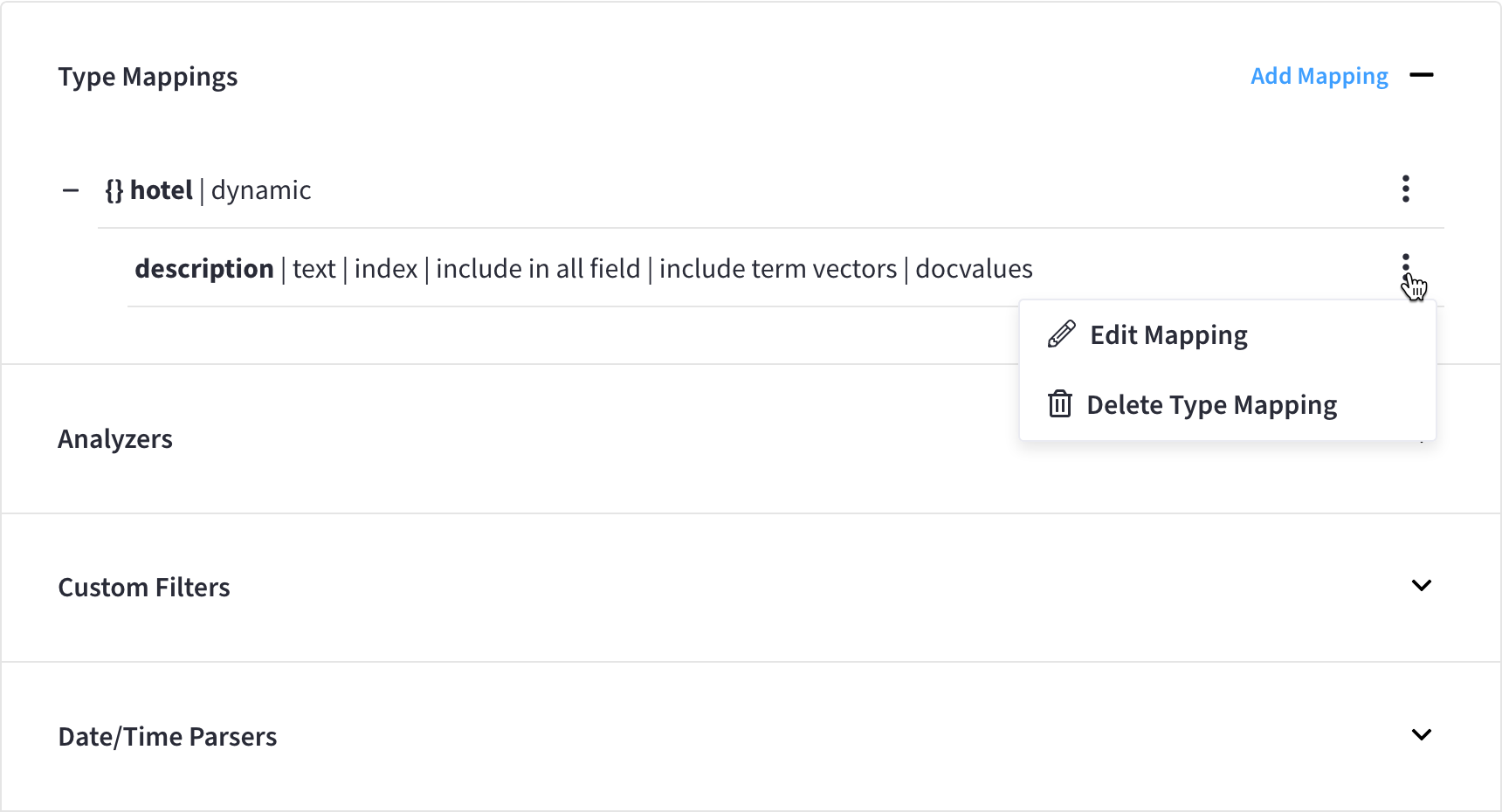 The 'Type Mappings' section showing the expanded menu after clicking the vertical ellipses next to a particular child field.