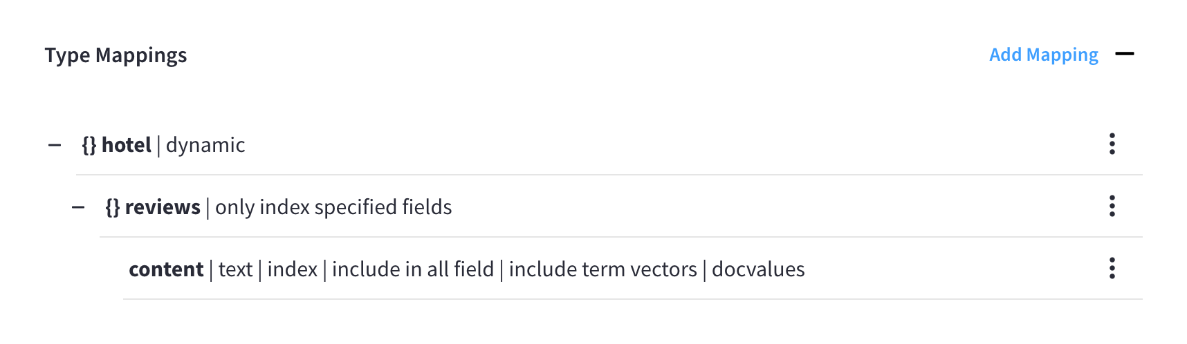 The 'Type Mappings' section showing a type mapping with a child mapping that itself has a child field defined.