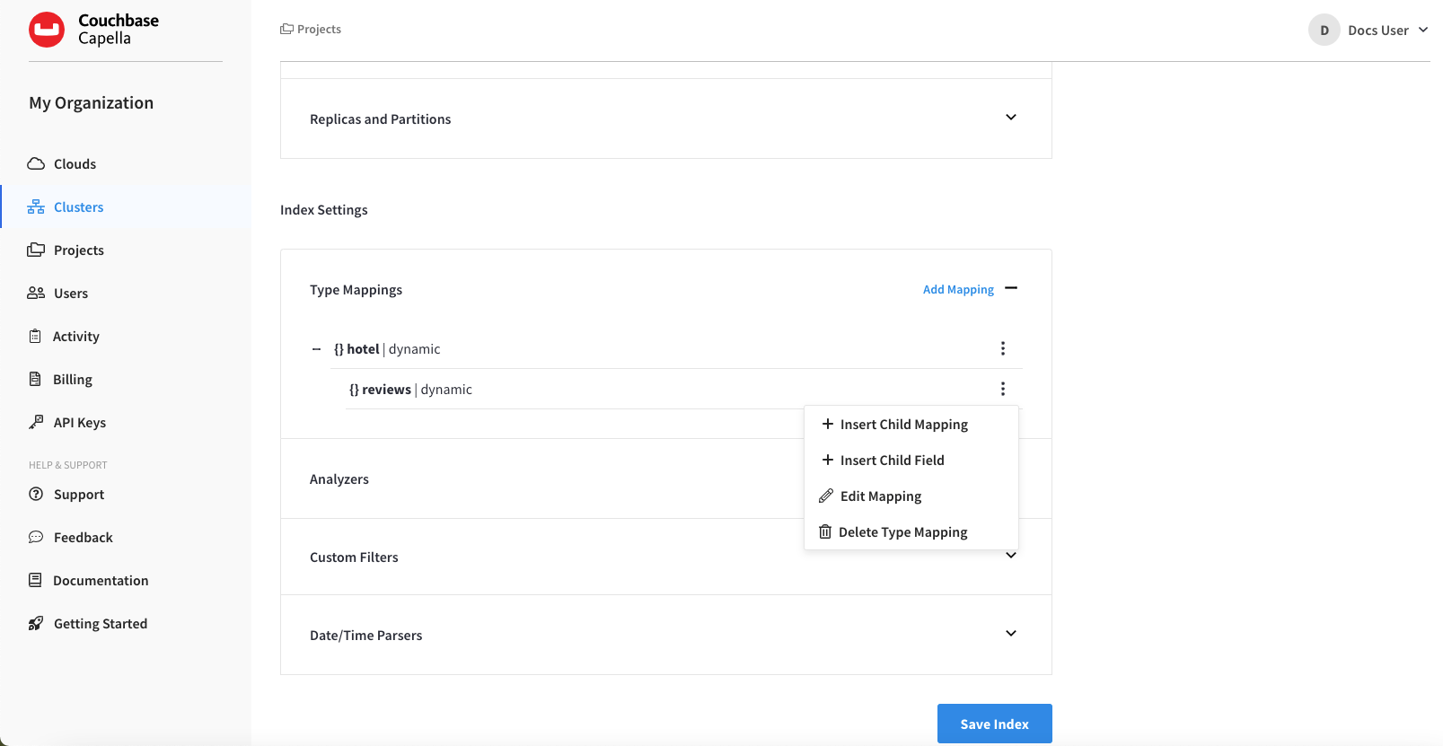 The dropdown menu that appears after clicking the associated vertical ellipses of a child mapping.