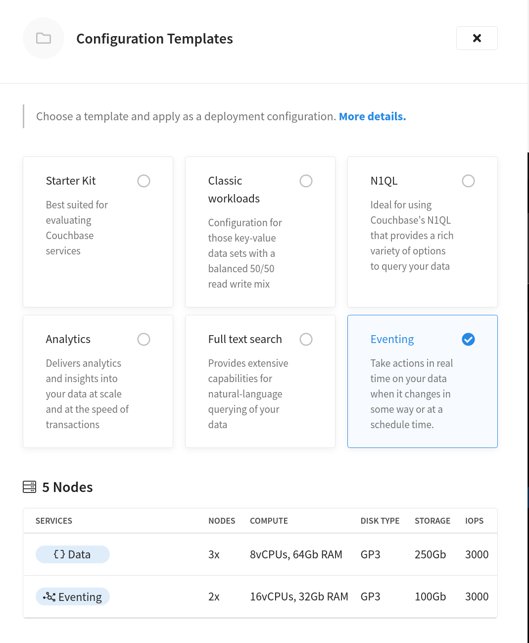 The template sizing screen with the 'Query Optimized' template selected.