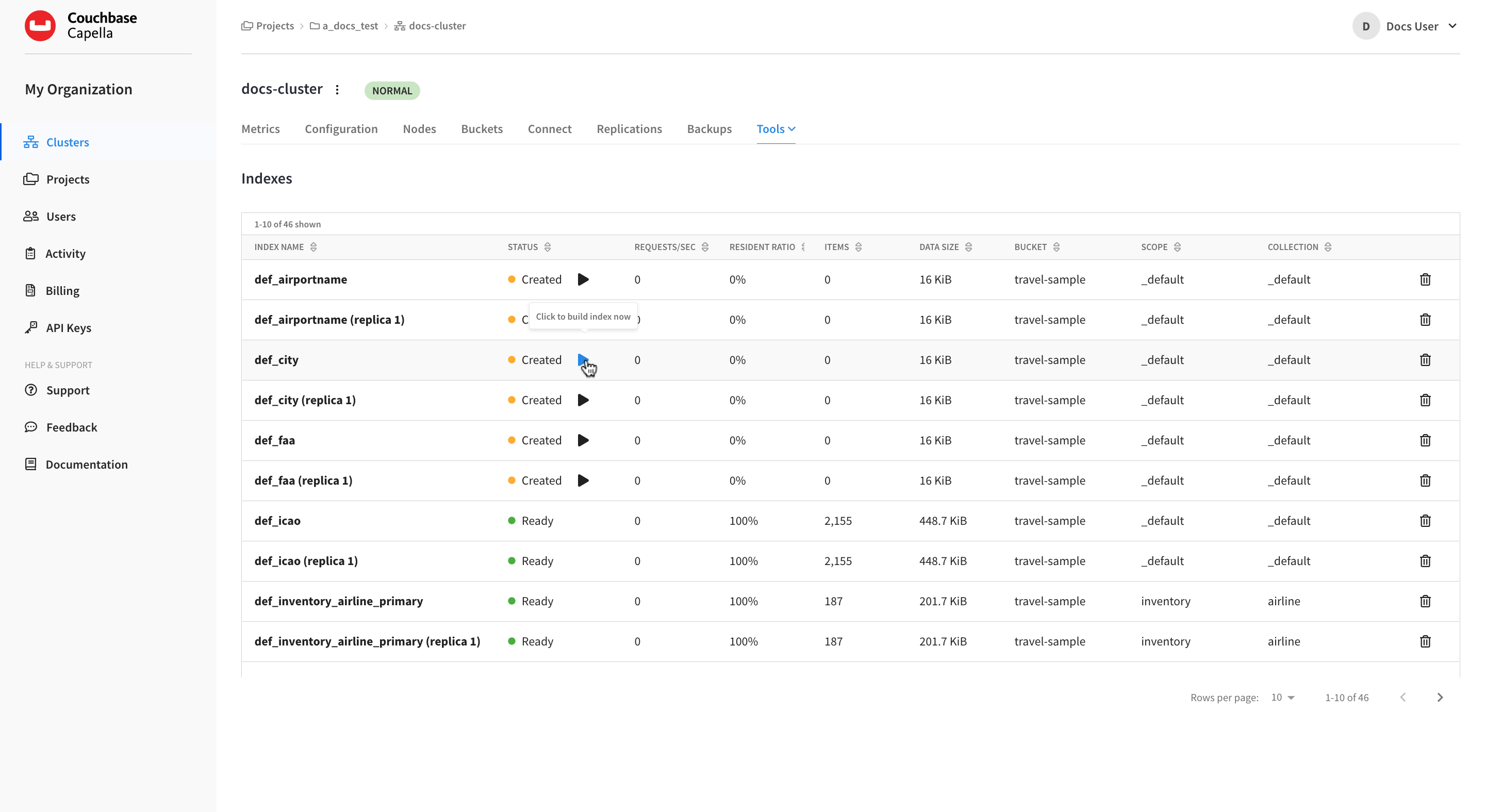 The 'Tools > Indexes' tab showing multiple indexes with a status of 'Created' with Play icons.