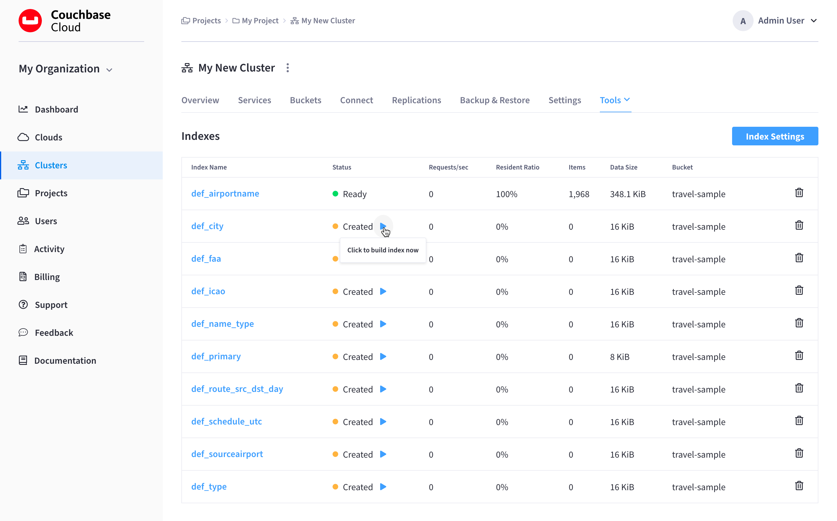 The 'Tools > Indexes' tab showing multiple indexes with a status of 'Created' with Play icons.
