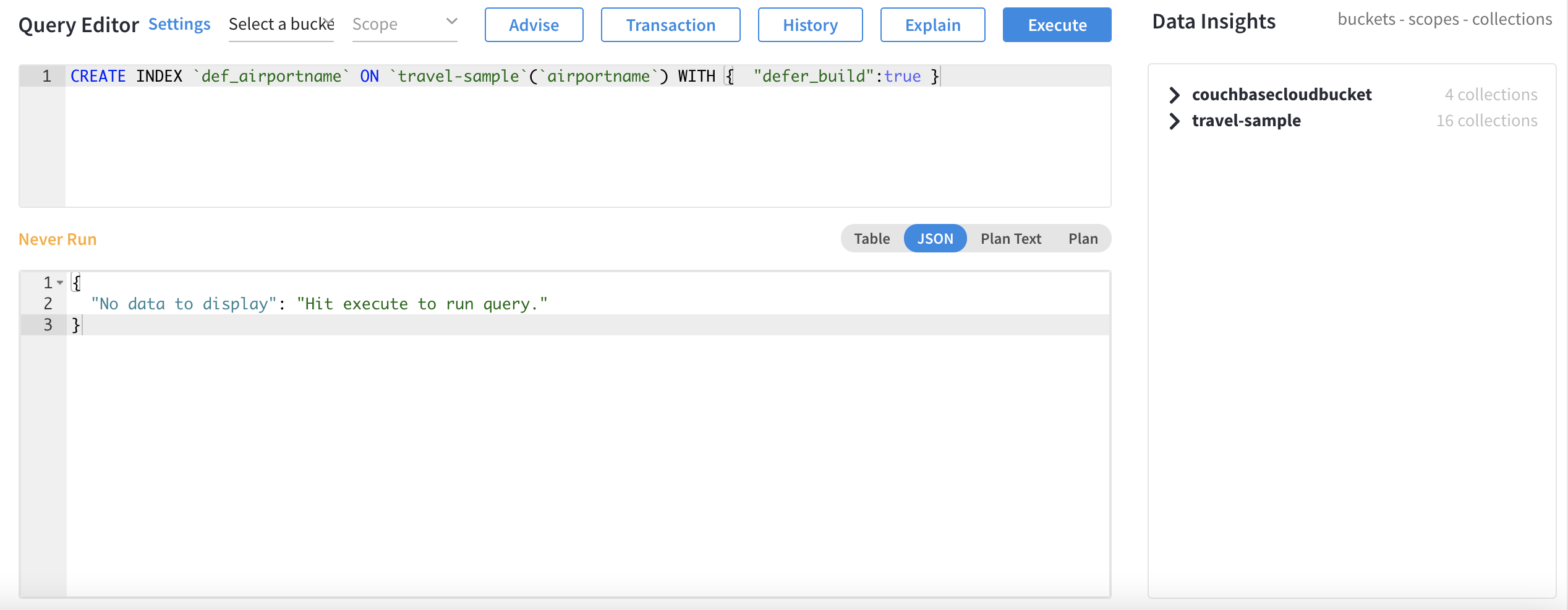 The Query Workbench for a Couchbase Server 7.0+ cluster showing the index definition displayed in the Query Editor.