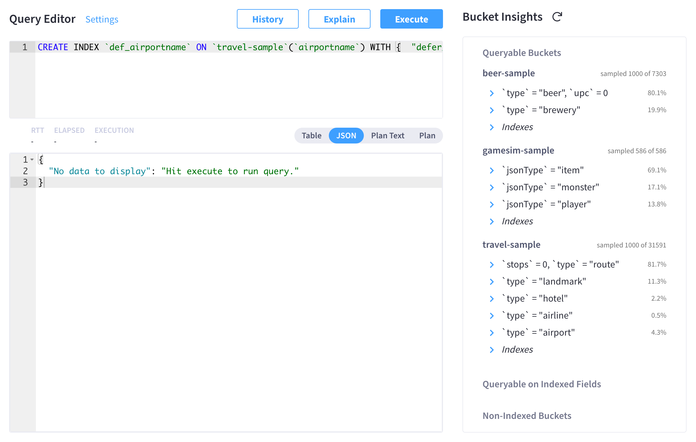 The Query Workbench for a Couchbase Server 6.6 cluster showing the index definition displayed in the Query Editor.