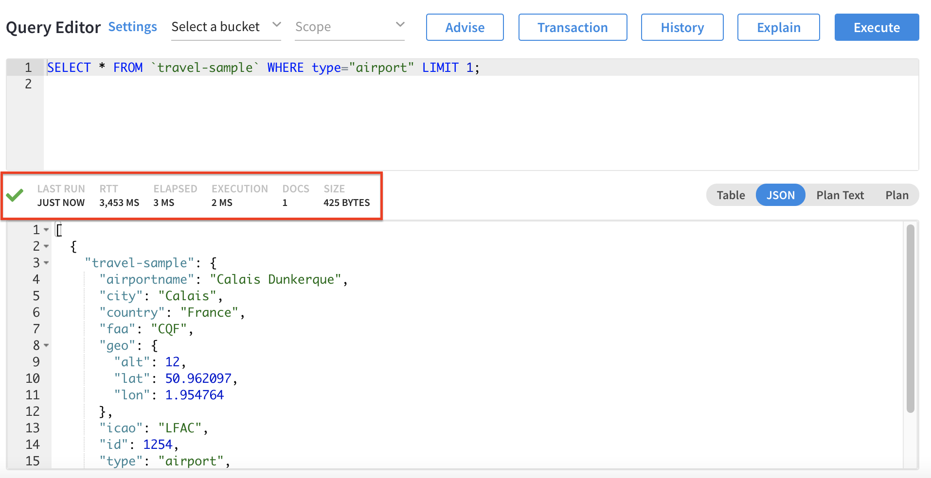 The executed query with its metrics highlighted.