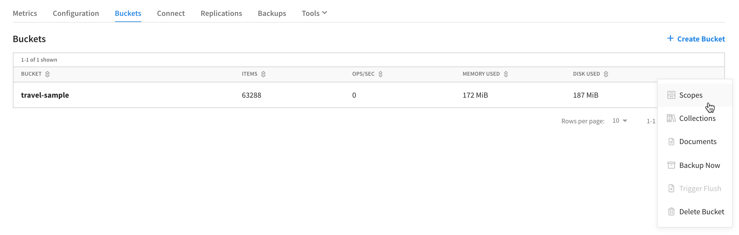 A cluster’s 'Buckets' tab showing a table of multiple buckets with the Scopes menu option shown.