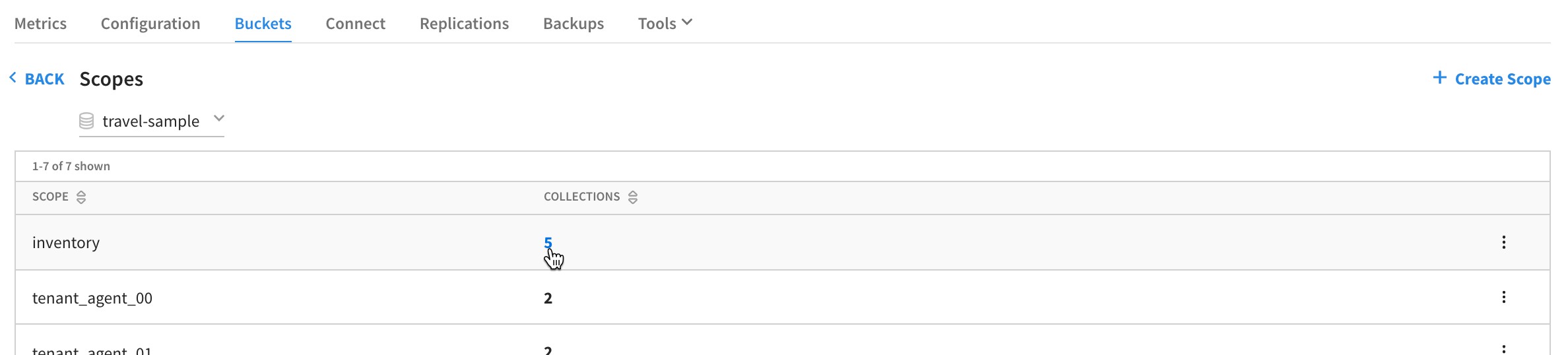  A Scopes page showing the number of collections within a scope